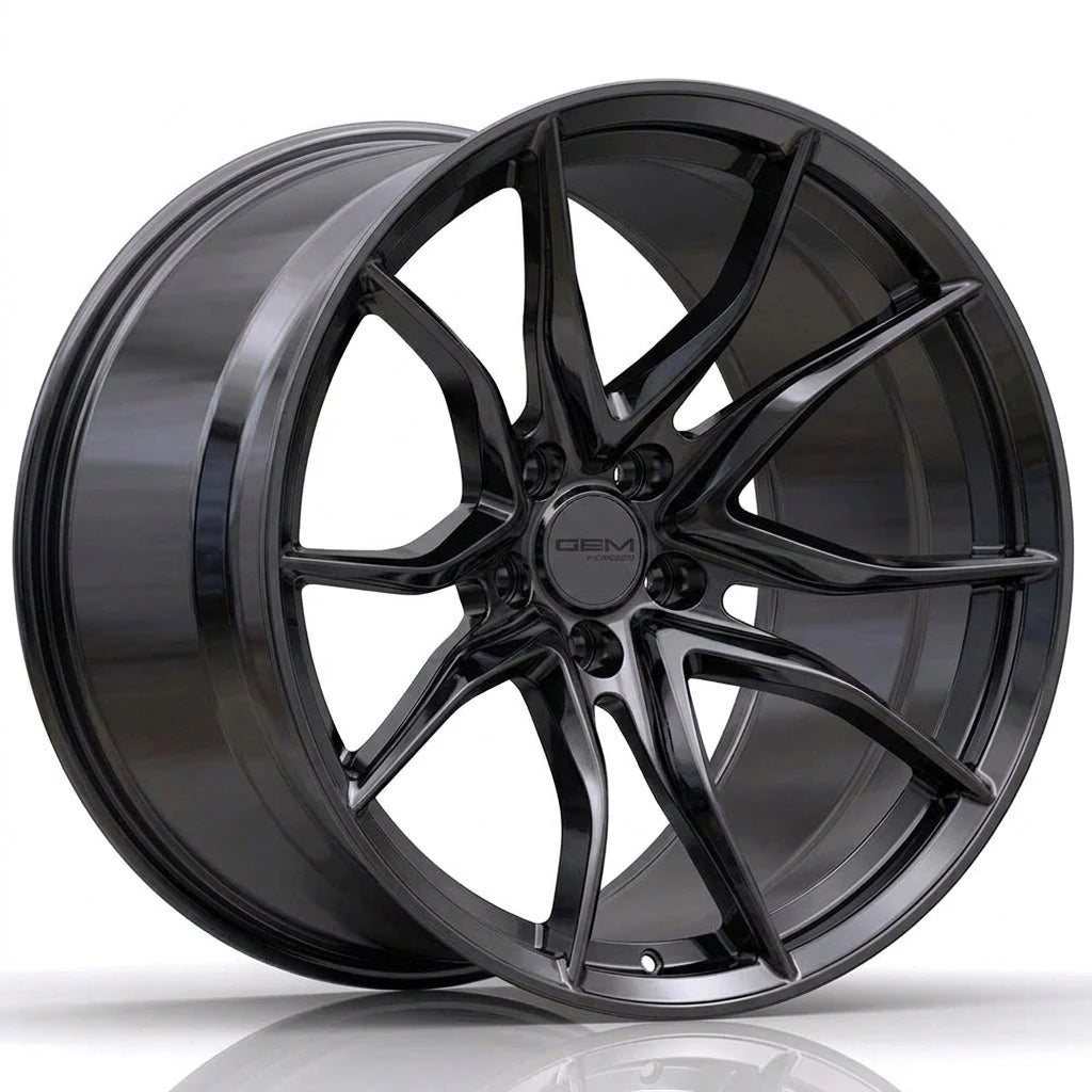 GEM Forged C8G Y-split forged monoblock wheel in black chrome, three-quarter view