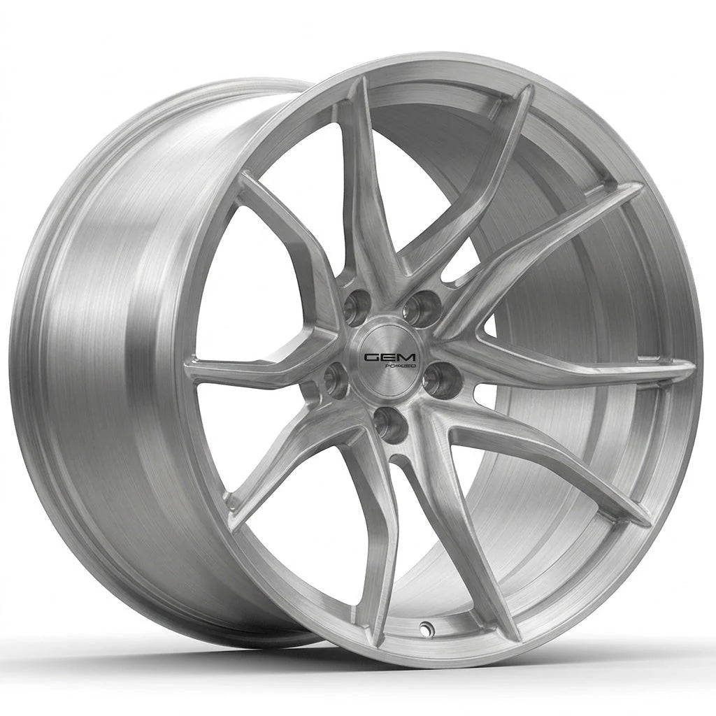 GEM Forged C8G Y-split forged monoblock wheel in brushed aluminum, three-quarter view