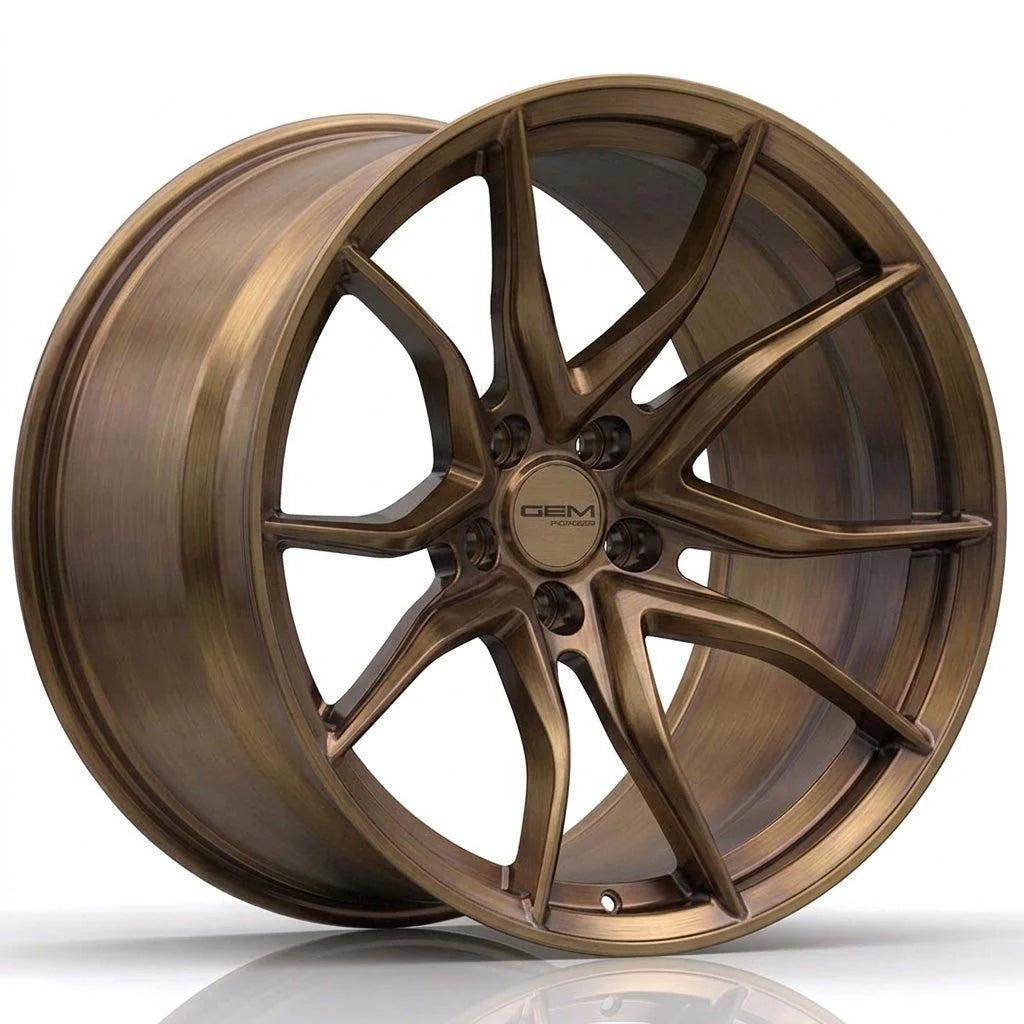 GEM Forged C8G Y-split forged monoblock wheel in brushed bronze, three-quarter view