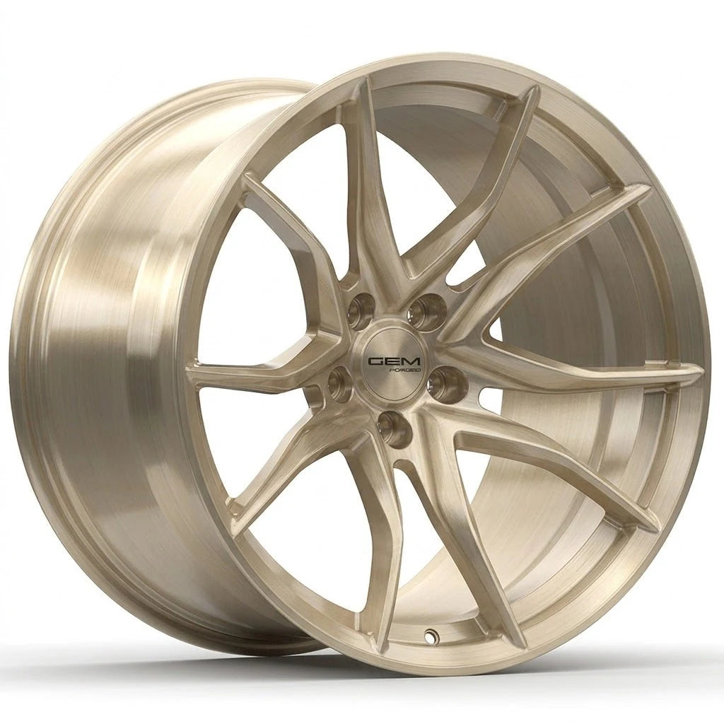 GEM Forged C8G Y-split forged monoblock wheel in brushed champagne, three-quarter view