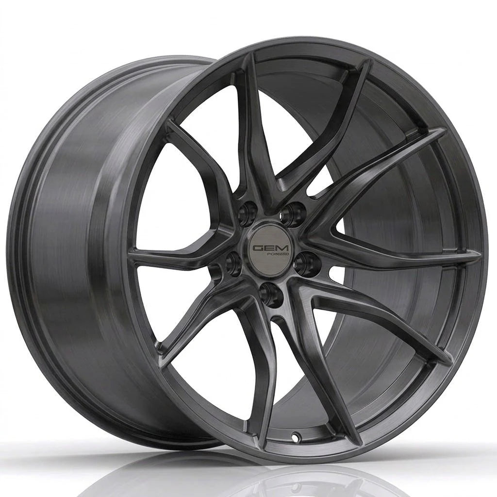 GEM Forged C8G Y-split forged monoblock wheel in brushed titanium, three-quarter view