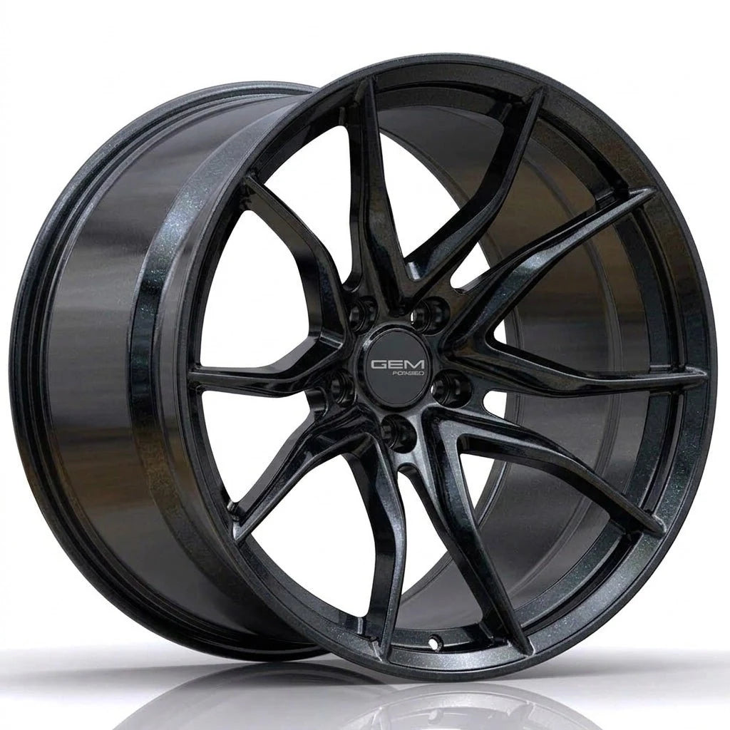 GEM Forged C8G Y-split forged monoblock wheel in carbon flash, three-quarter view