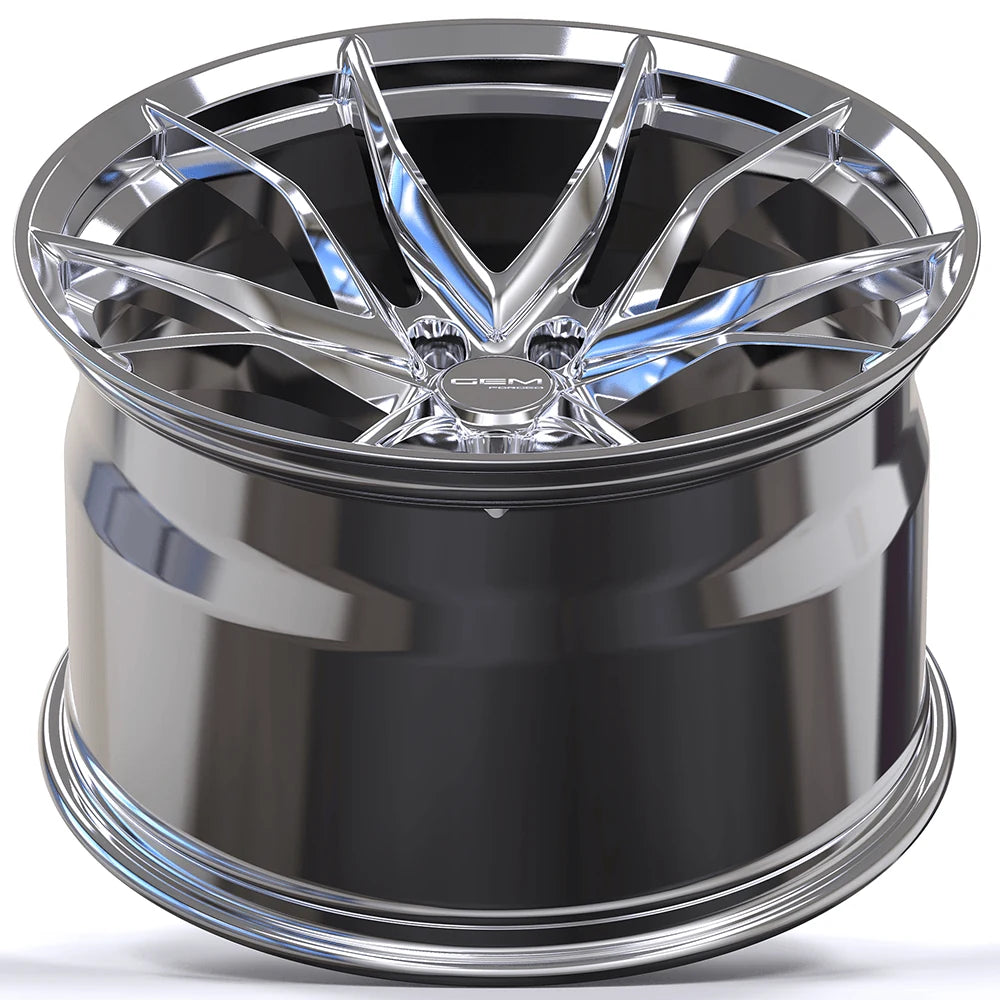 GEM Forged C8G Y-split forged monoblock wheel in chrome, deep concave barrel view