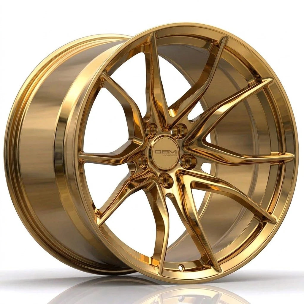 GEM Forged C8G Y-split forged monoblock wheel in chrome gold, three-quarter view