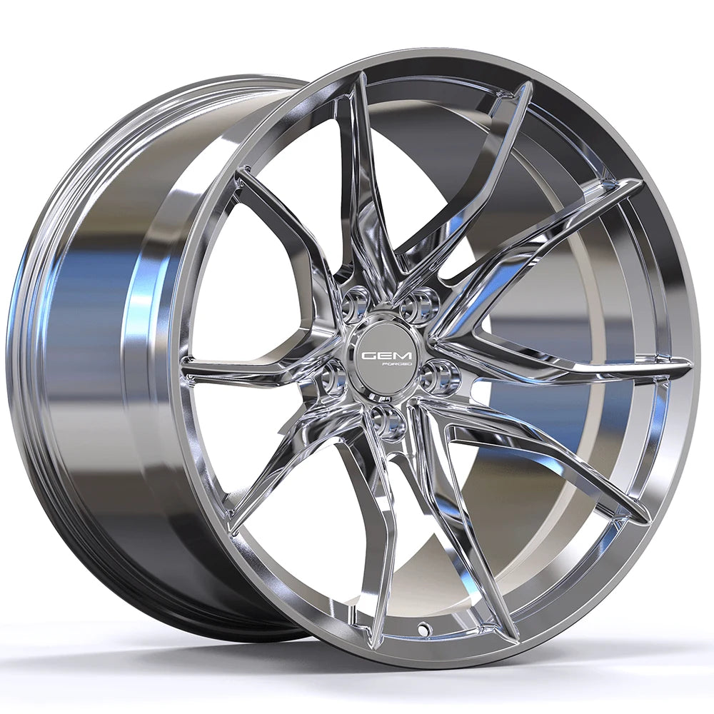 GEM Forged C8G Y-split forged monoblock wheel in chrome, three-quarter view