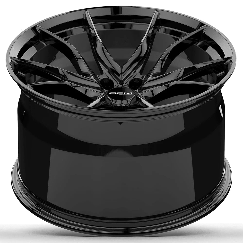 GEM Forged C8G Y-split forged monoblock wheel in gloss black, deep concave barrel view