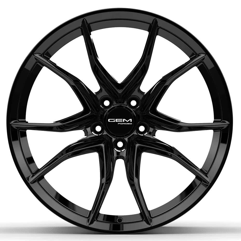 GEM Forged C8G Y-split forged monoblock wheel in gloss black, face view