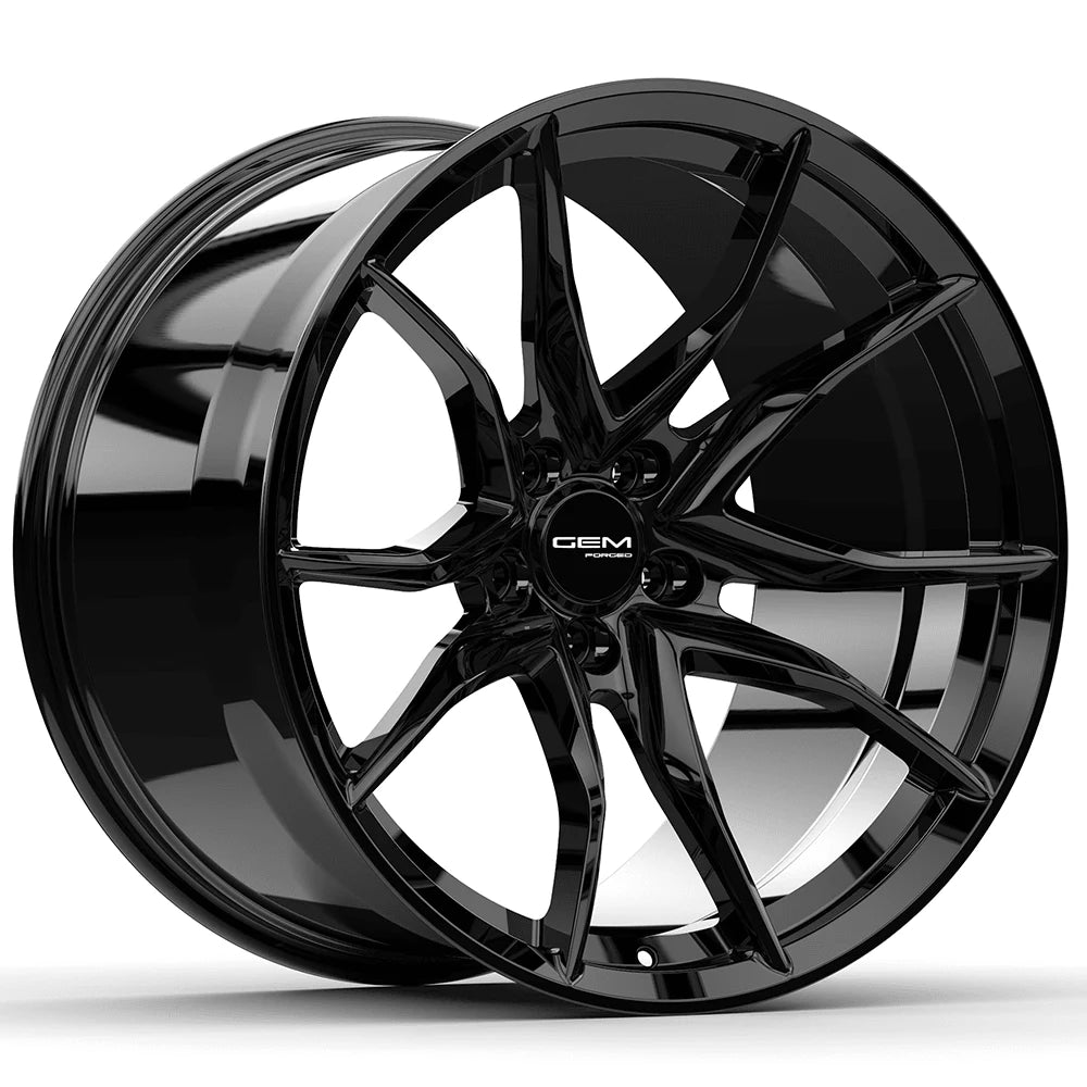 GEM Forged C8G Y-split forged monoblock wheel in gloss black, three-quarter view