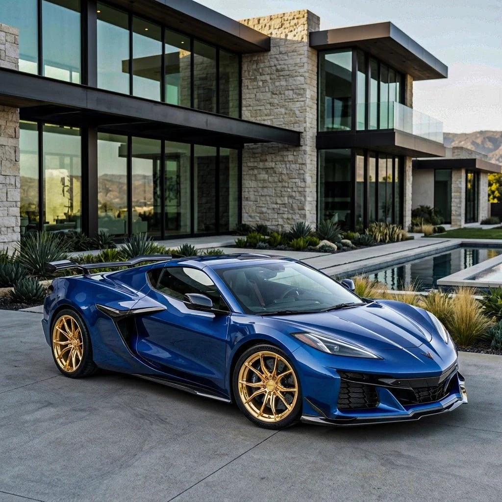 GEM Forged C8G wheels in a gold finish on a blue C8 Corvette Z06