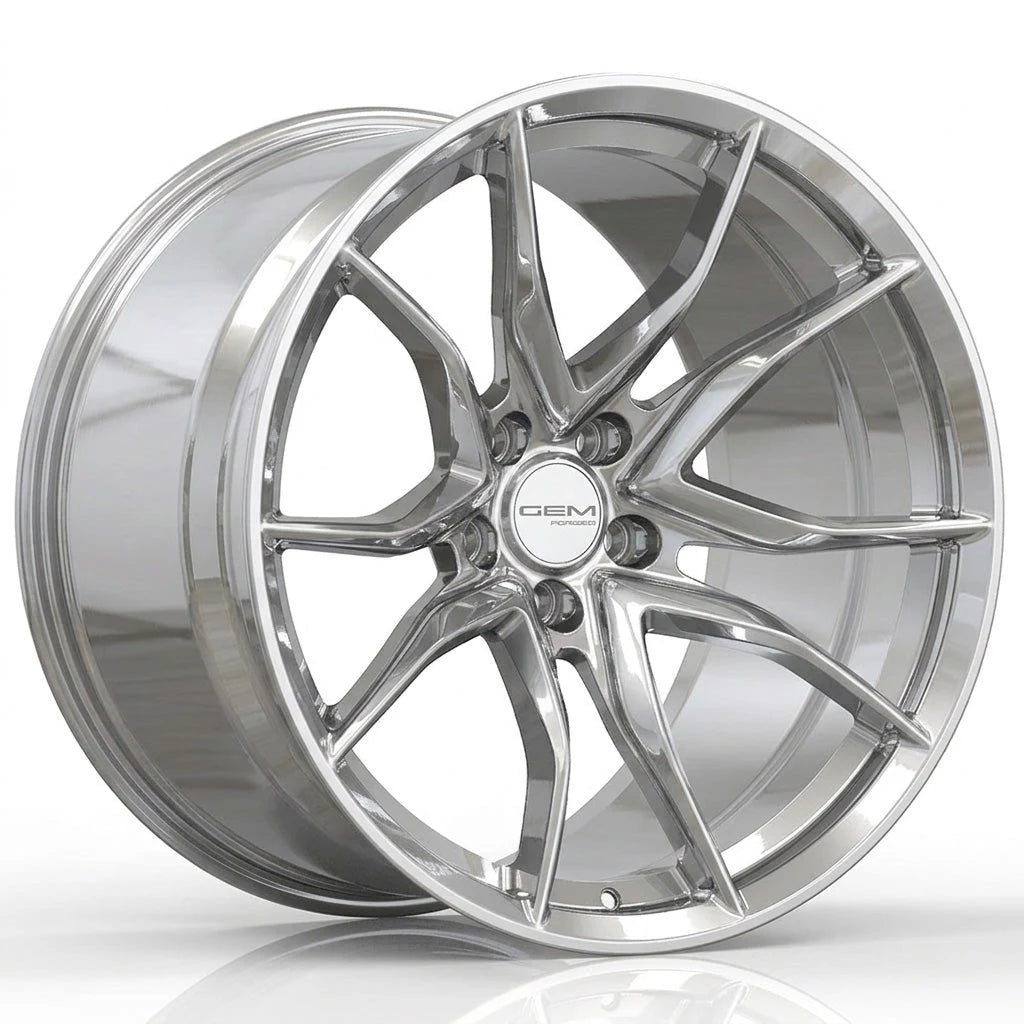 GEM Forged C8G Y-split forged monoblock wheel in polished, three-quarter view
