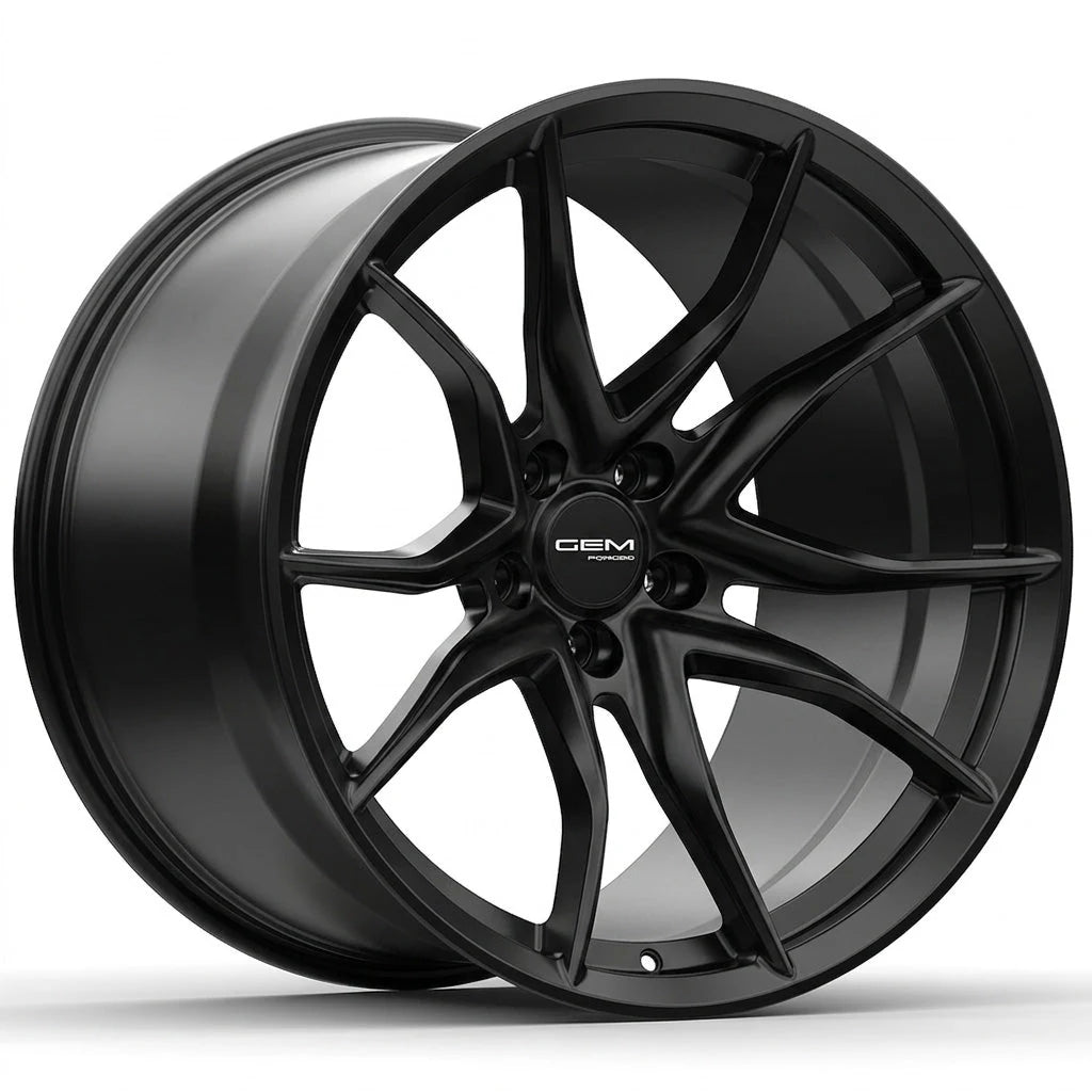 GEM Forged C8G Y-split forged monoblock wheel in satin black, three-quarter view