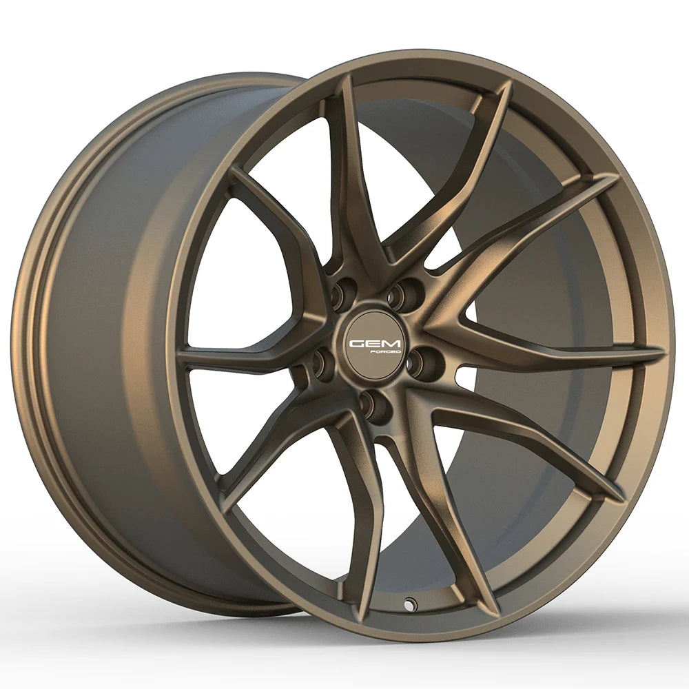 GEM Forged C8G Y-split forged monoblock wheel in satin bronze, three-quarter view