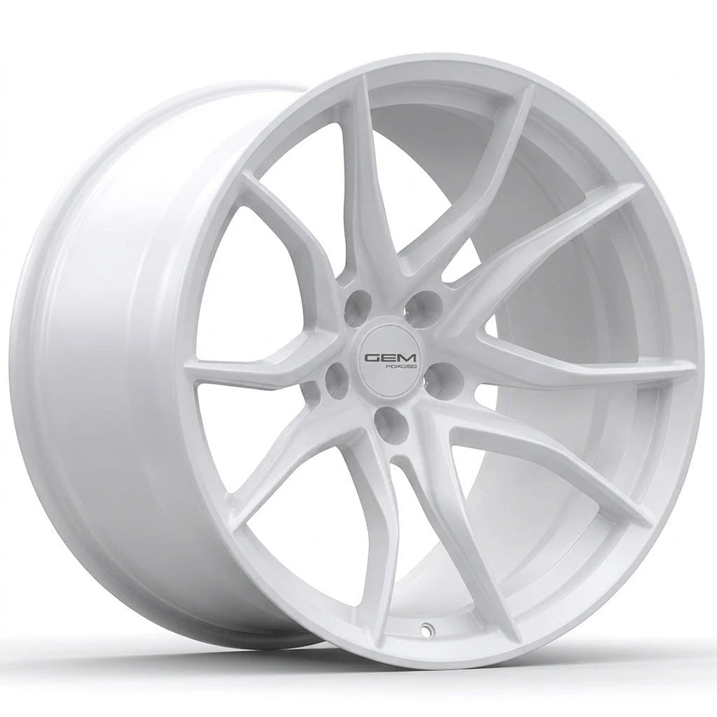 GEM Forged C8G Y-split forged monoblock wheel in satin white, three-quarter view