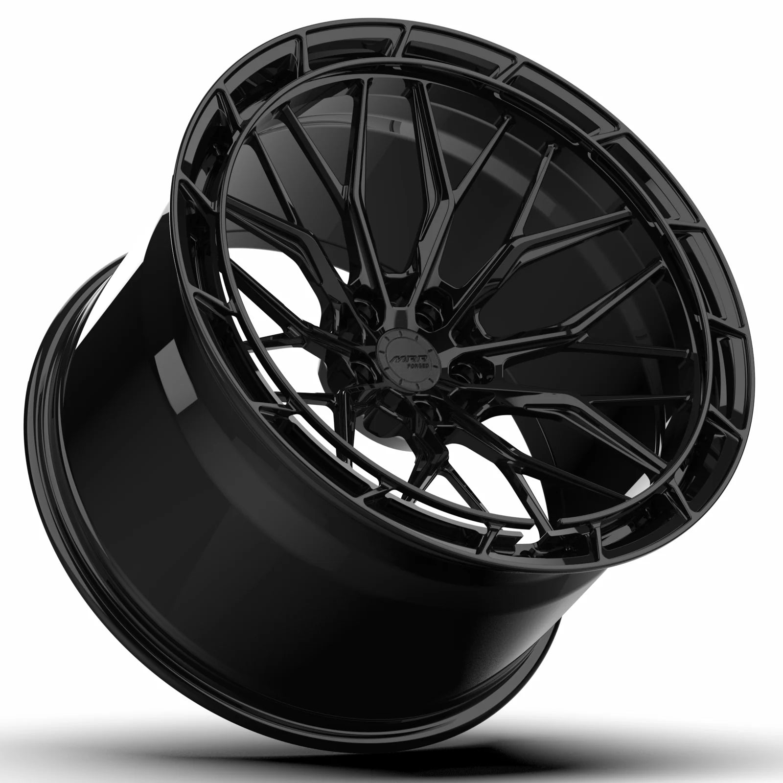 MRR F321 forged monoblock wheel in gloss black, angled barrel view
