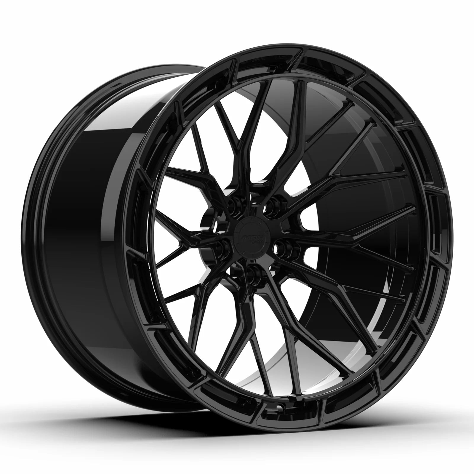 MRR F321 forged monoblock wheel in gloss black, three-quarter view