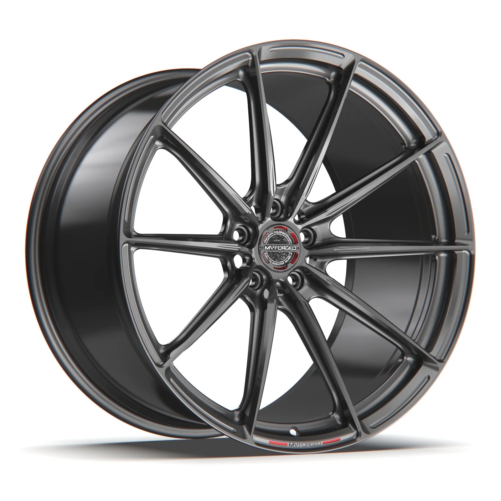 MV Forged SL-100 Spoke-Lite forged wheel, 1-piece monoblock configuration in gunmetal, three-quarter view