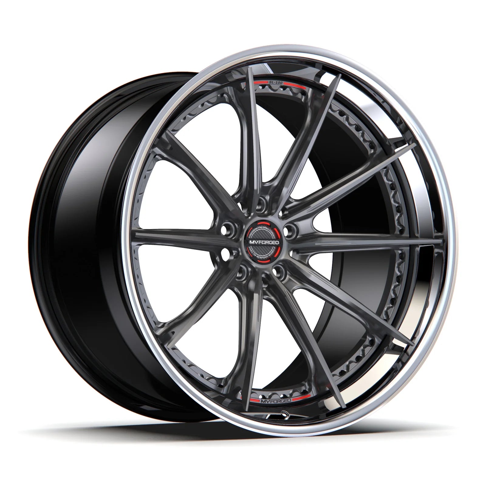 MV Forged SL-100 Spoke-Lite forged wheel, 3-piece configuration with a gunmetal face and polished lip, three-quarter view