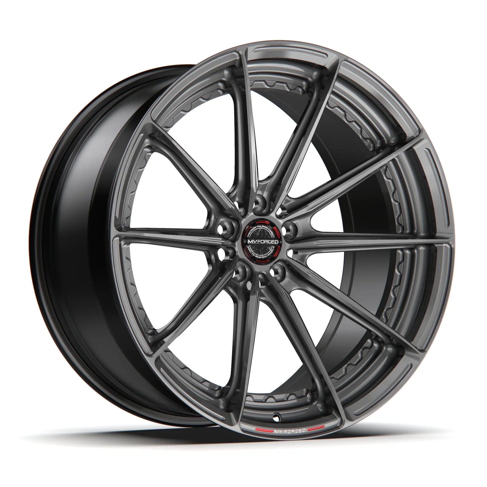 MV Forged SL-100 Spoke-Lite forged wheel, 2-piece Duo configuration in gunmetal, three-quarter view