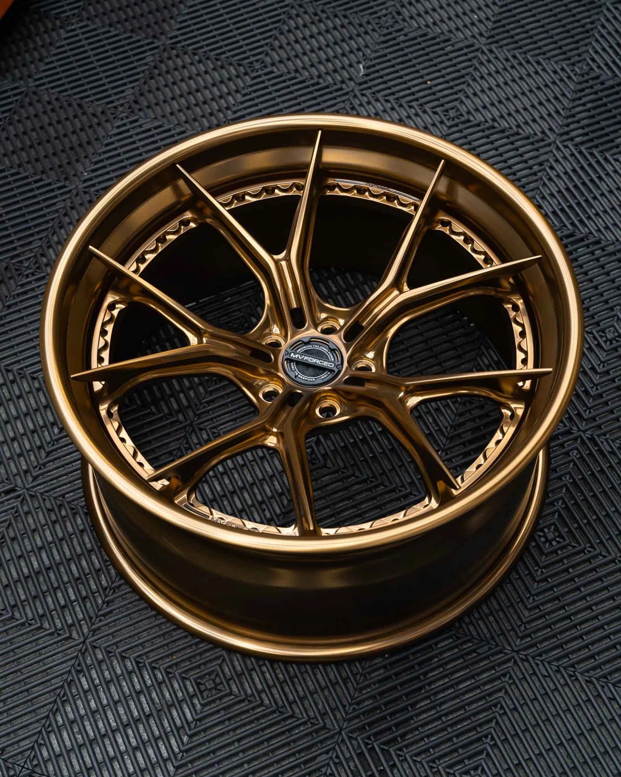 MV Forged SL-102 Spoke-Lite forged wheel, 3-piece in a gold finish with a polished lip