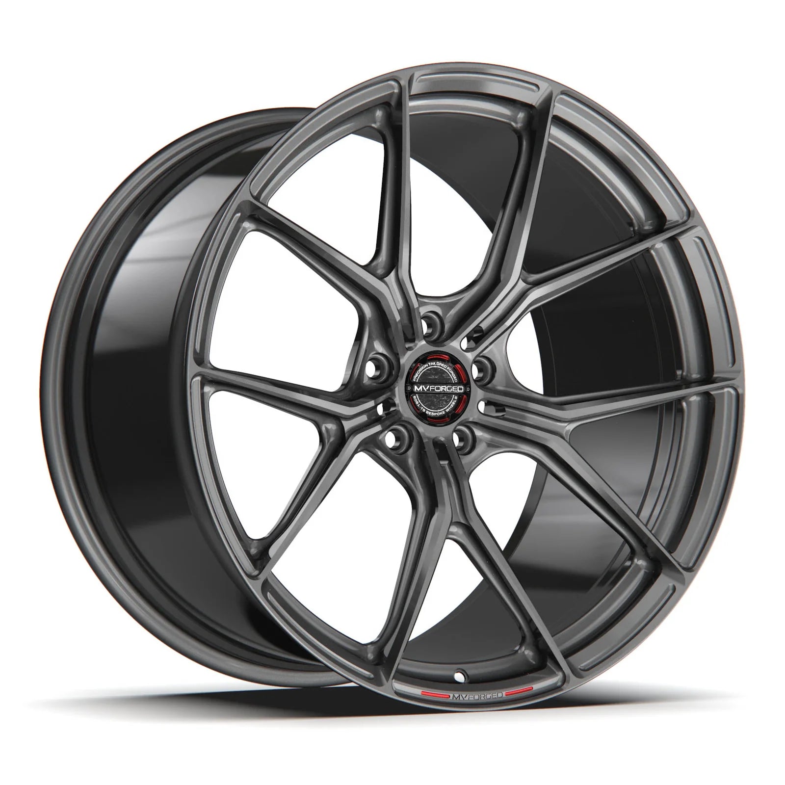 MV Forged SL-102 Spoke-Lite forged wheel, 1-piece monoblock configuration in gunmetal, three-quarter view