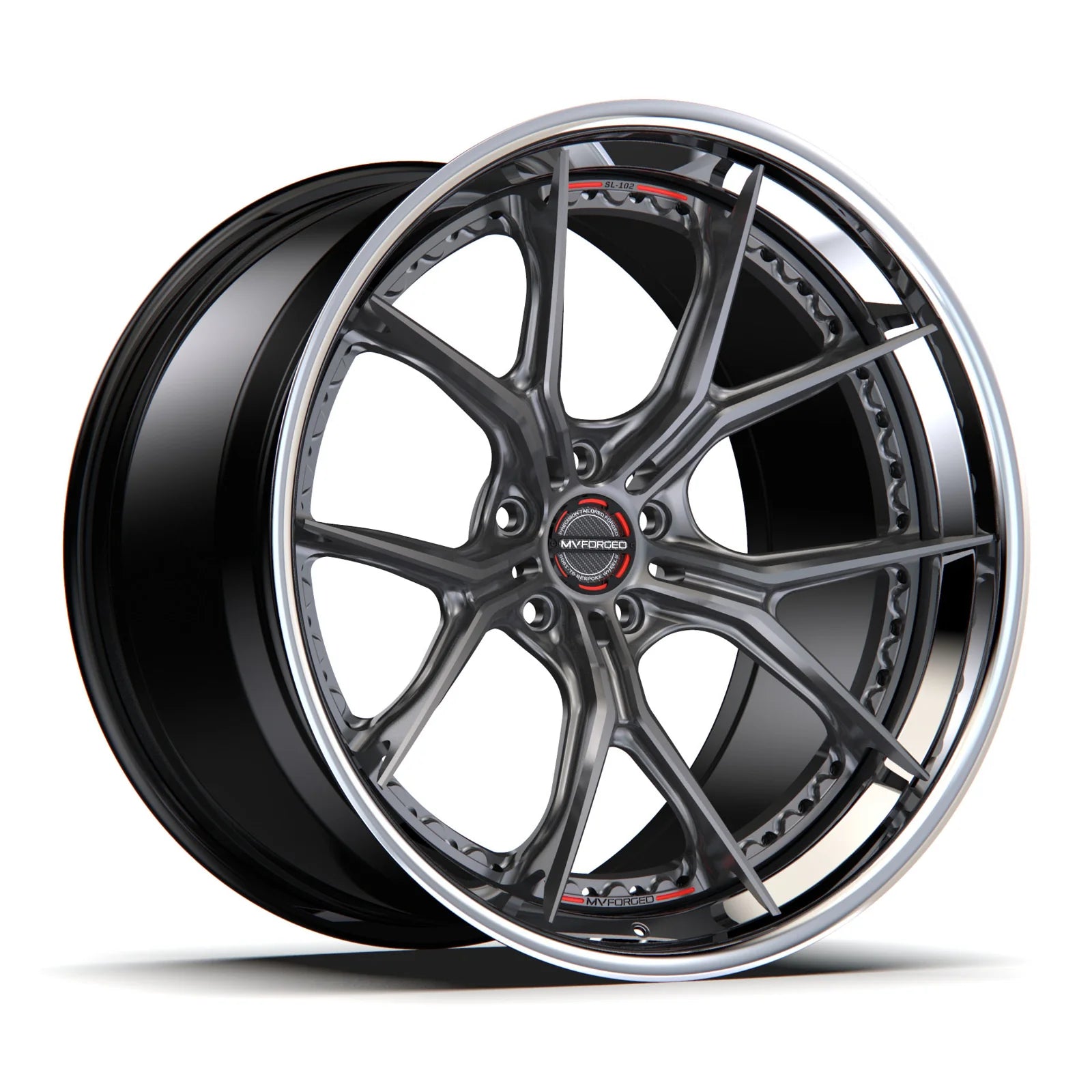 MV Forged SL-102 Spoke-Lite forged wheel, 3-piece configuration with a gunmetal face and polished lip, three-quarter view