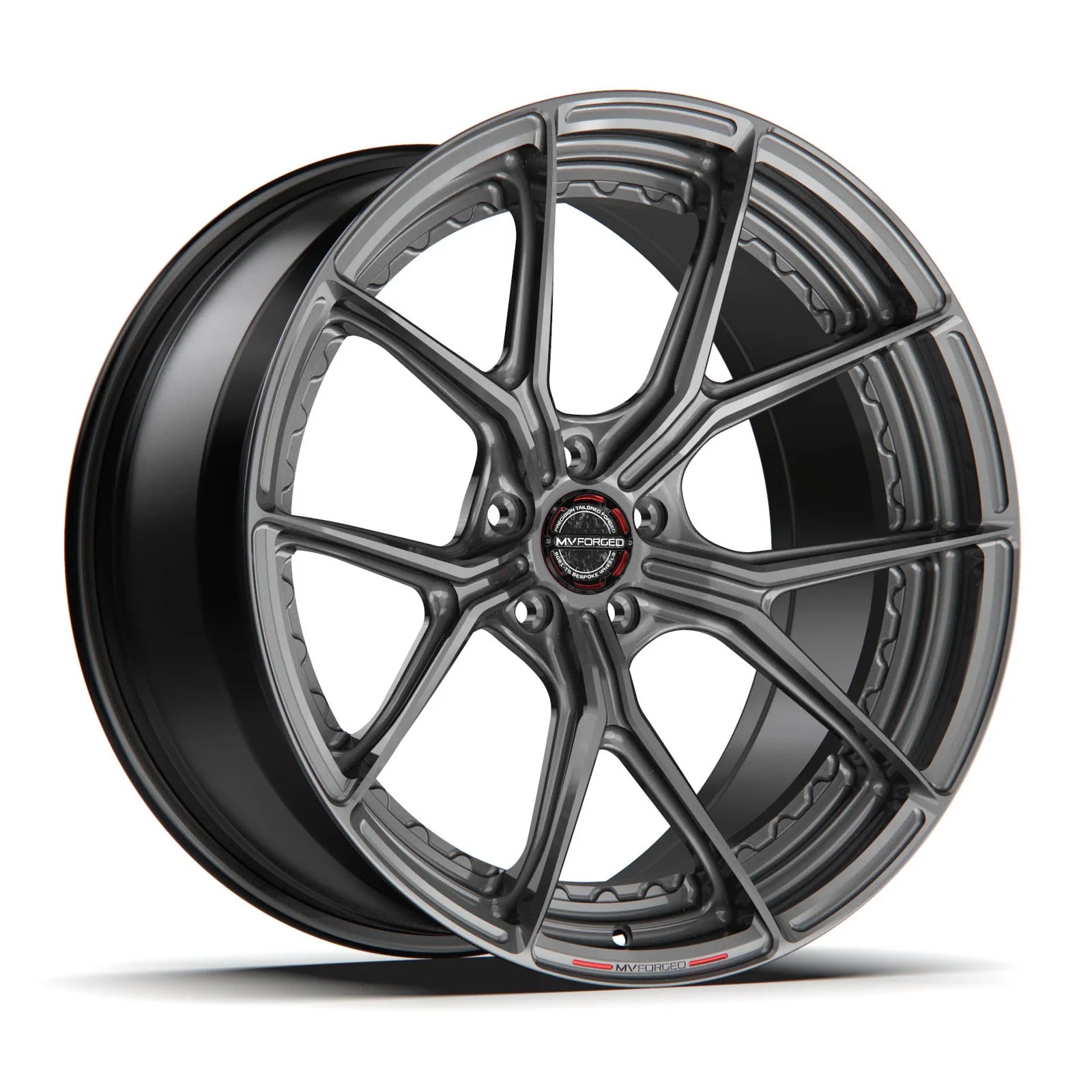 MV Forged SL-102 Spoke-Lite forged wheel, 2-piece Duo configuration in gunmetal, three-quarter view