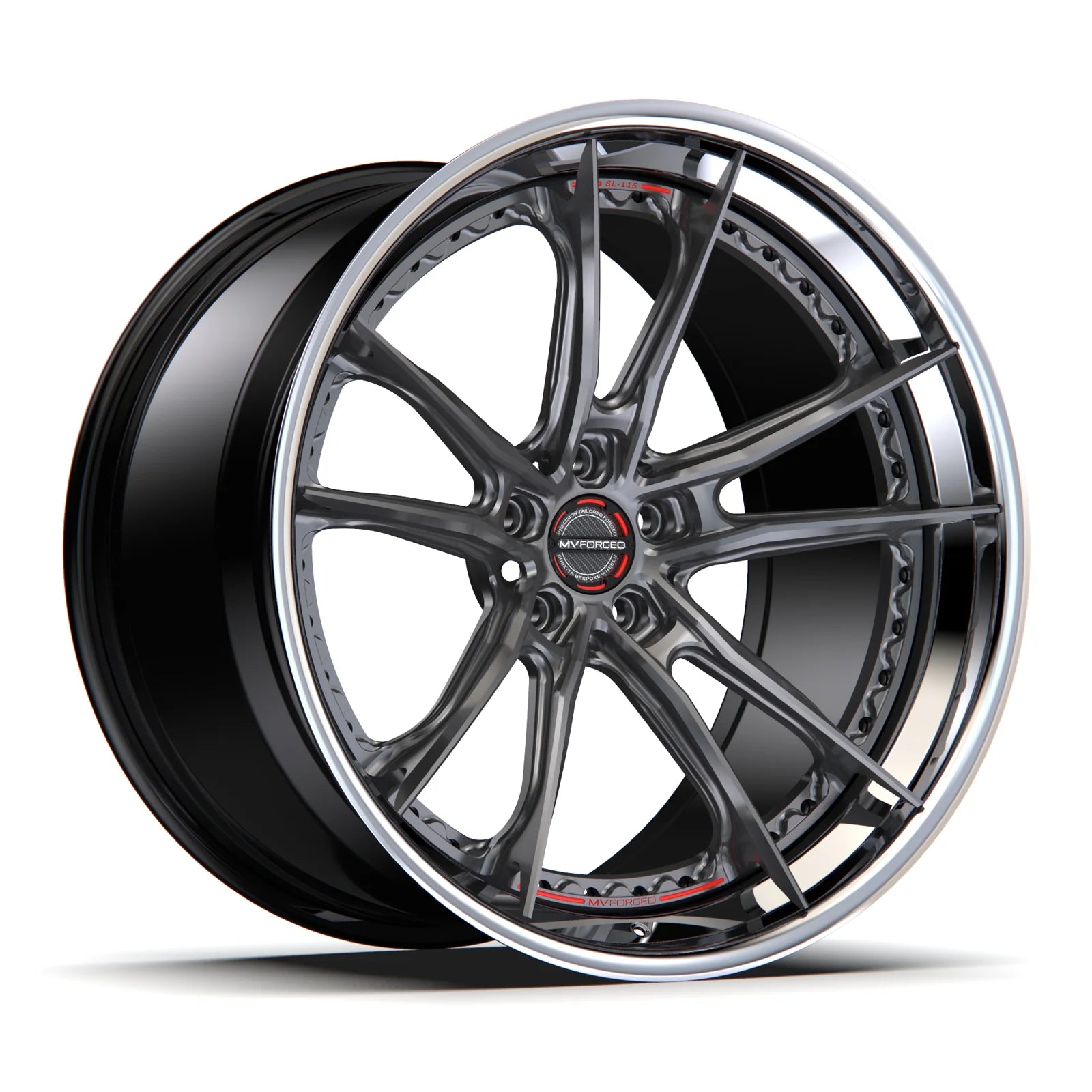 MV Forged SL-115 Spoke-Lite forged wheel, 3-piece configuration with a gunmetal face and polished lip, three-quarter view