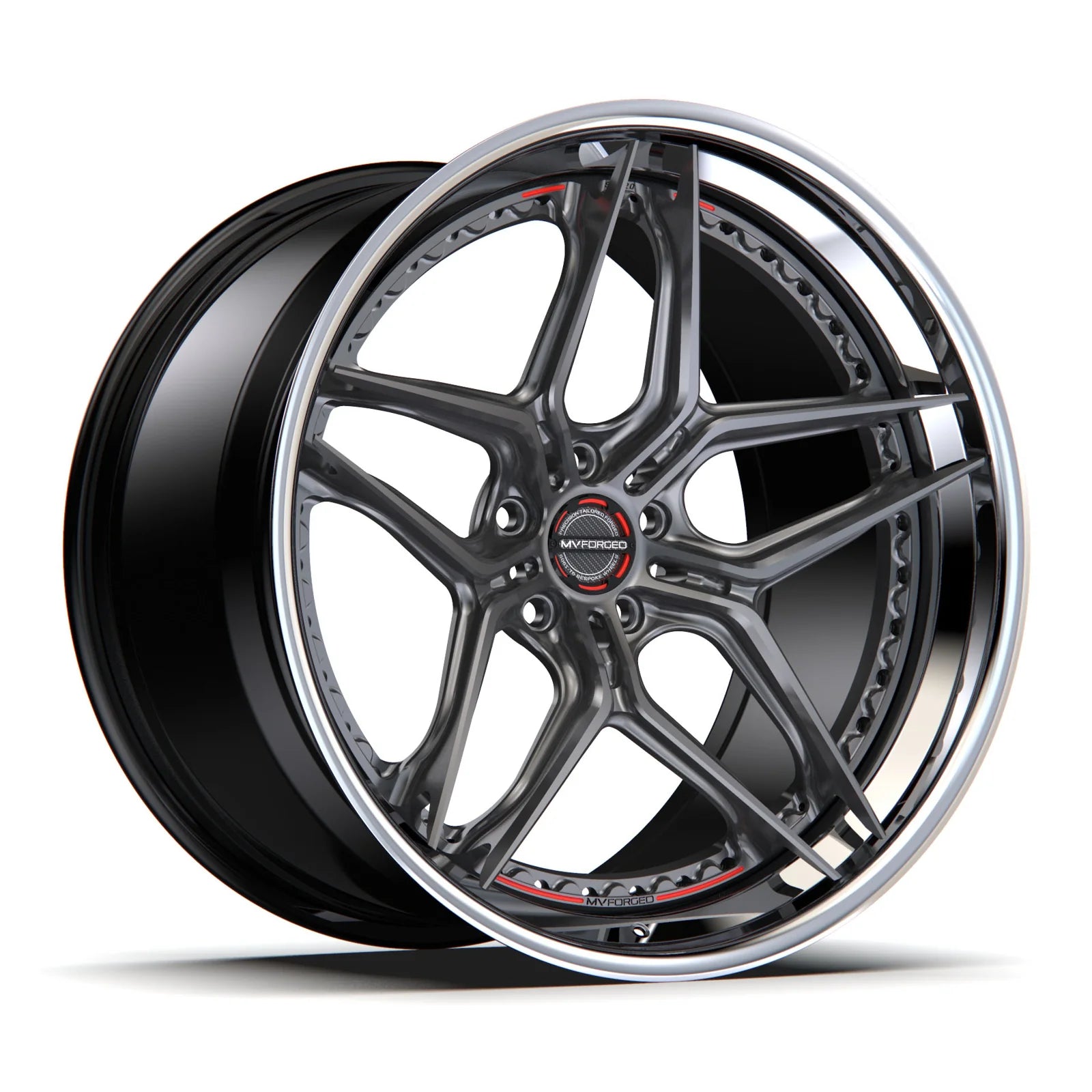MV Forged SL-120 Spoke-Lite forged wheel, 3-piece configuration with a gunmetal face and polished lip, three-quarter view