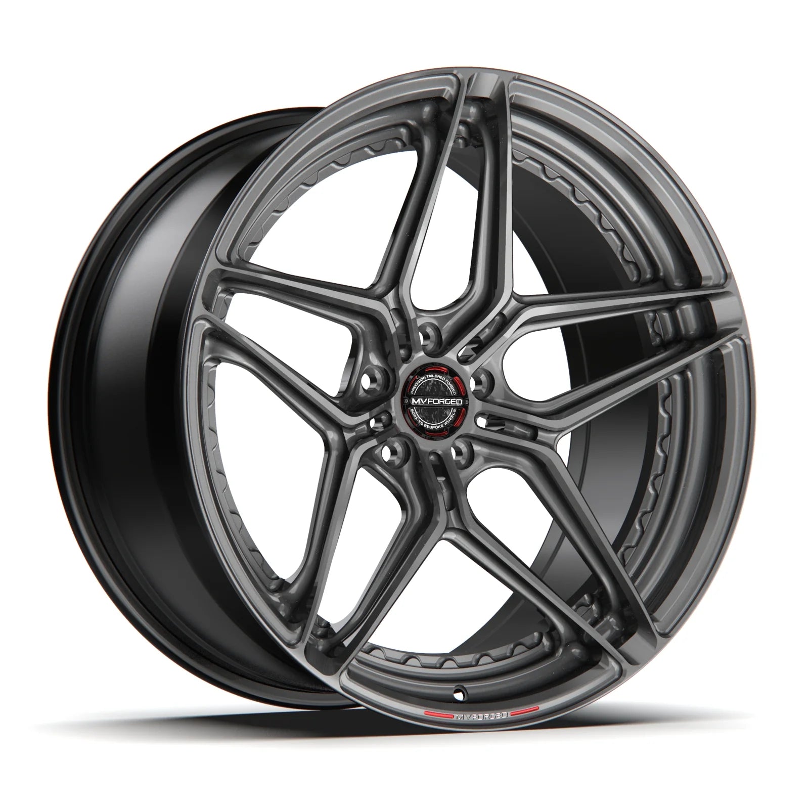 MV Forged SL-120 Spoke-Lite forged wheel, 2-piece Duo configuration in gunmetal, three-quarter view