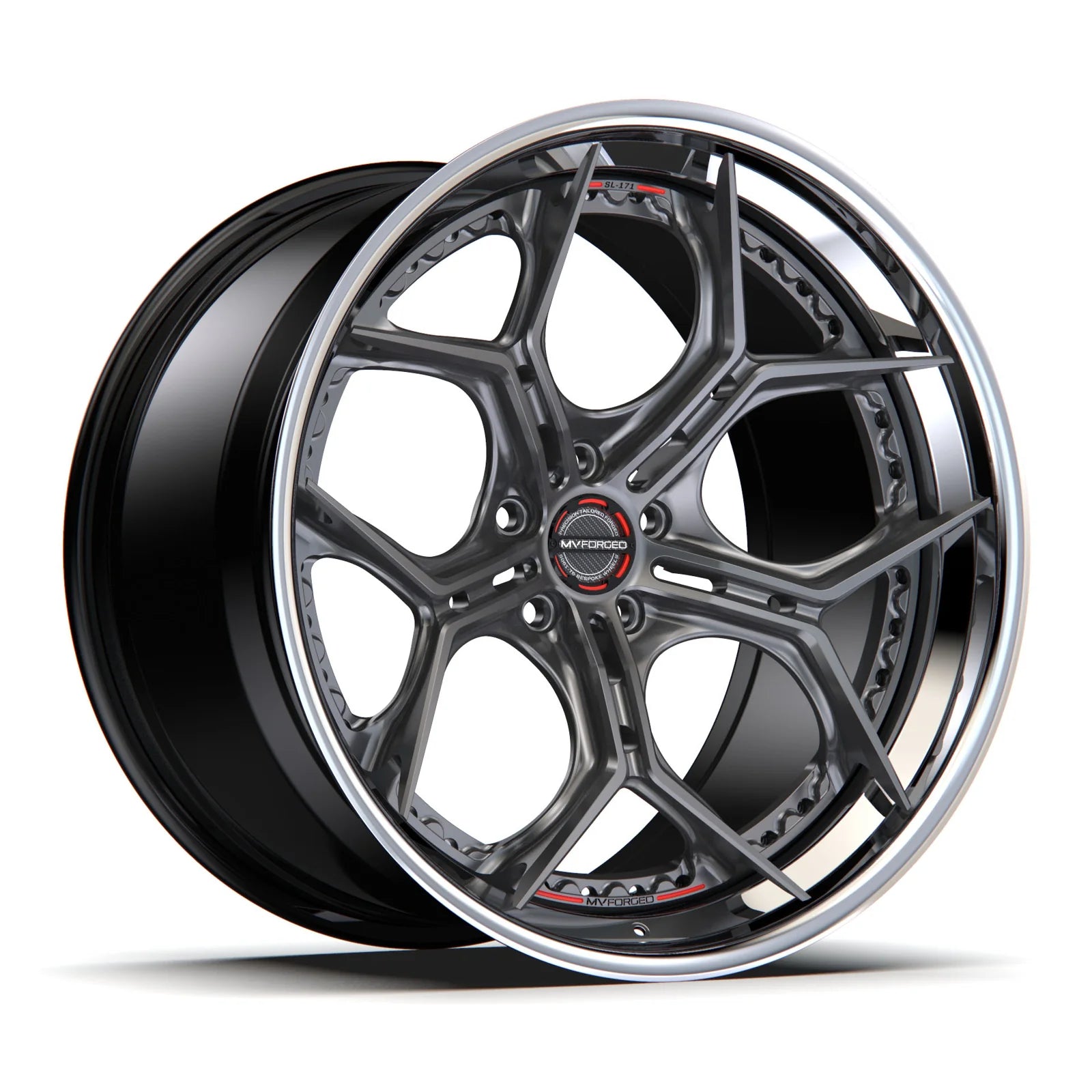 MV Forged SL-171 Spoke-Lite forged wheel, 3-piece configuration with a gunmetal face and polished lip, three-quarter view