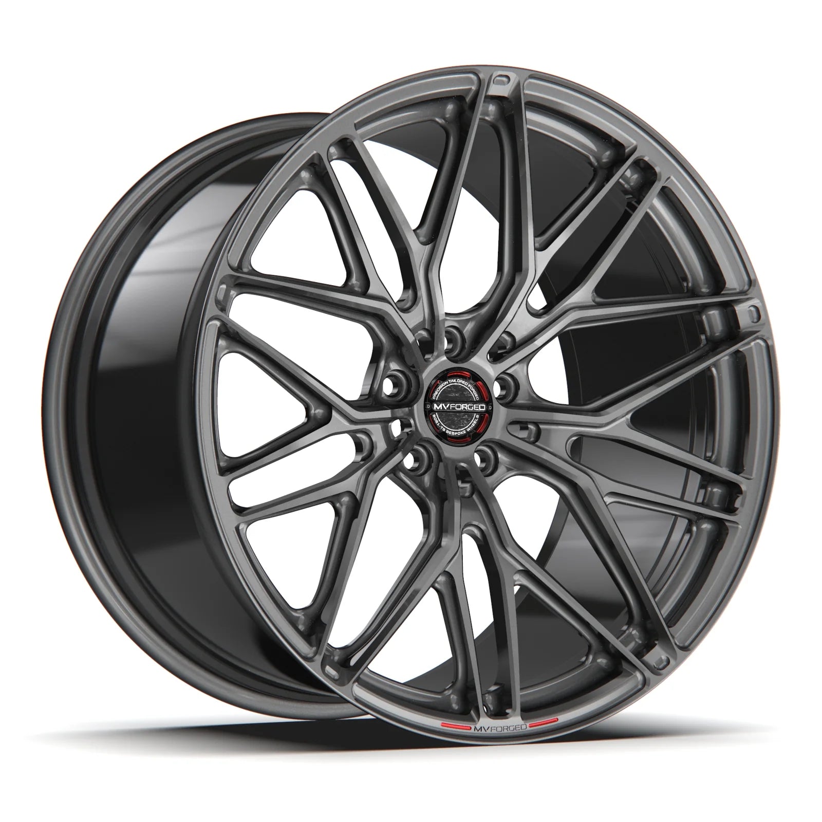 MV Forged SL-220 Spoke-Lite forged wheel, 1-piece monoblock configuration in gunmetal, three-quarter view