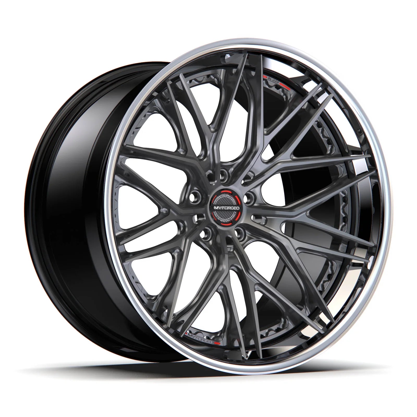 MV Forged SL-220 Spoke-Lite forged wheel, 3-piece configuration with a gunmetal face and polished lip, three-quarter view
