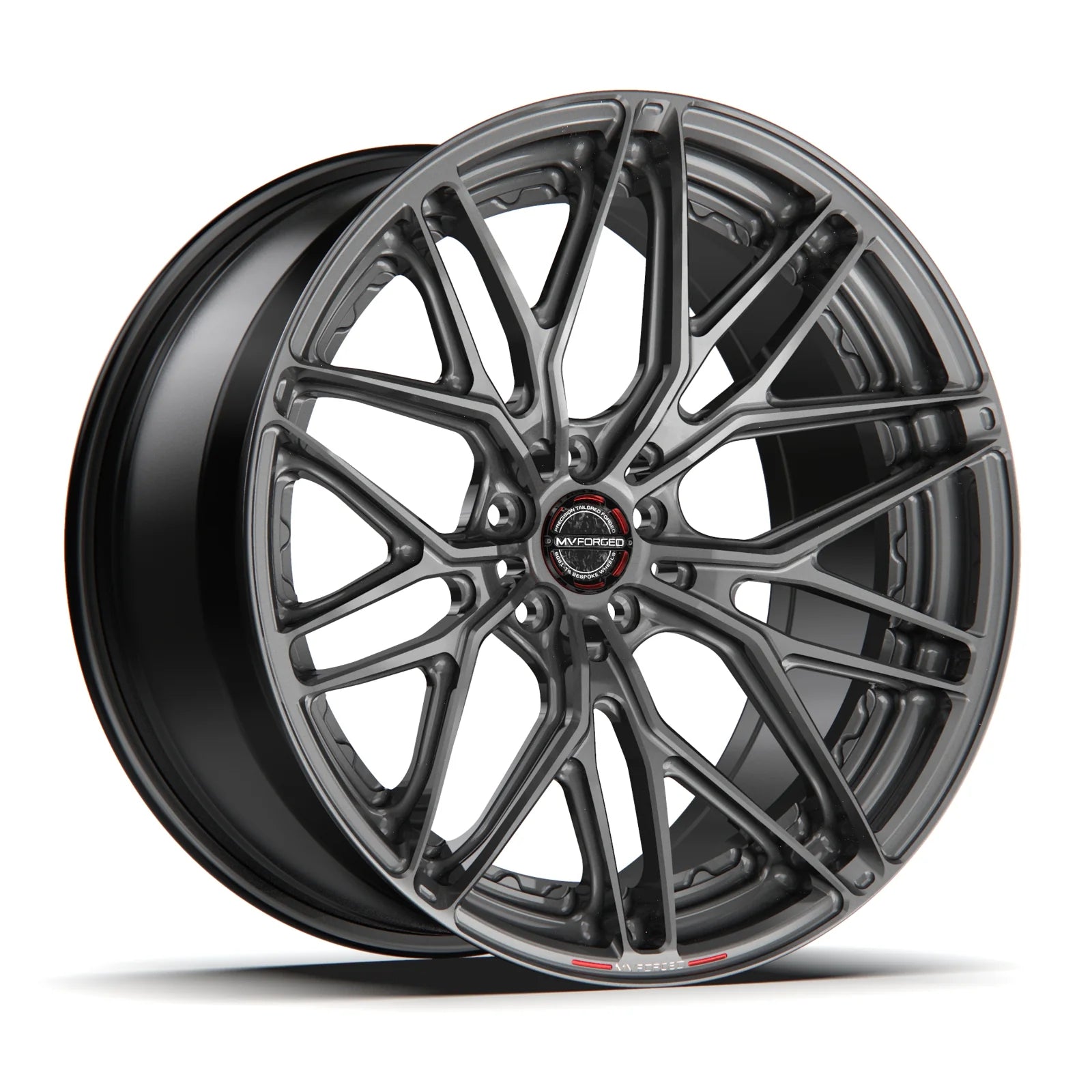 MV Forged SL-220 Spoke-Lite forged wheel, 2-piece Duo configuration in gunmetal, three-quarter view