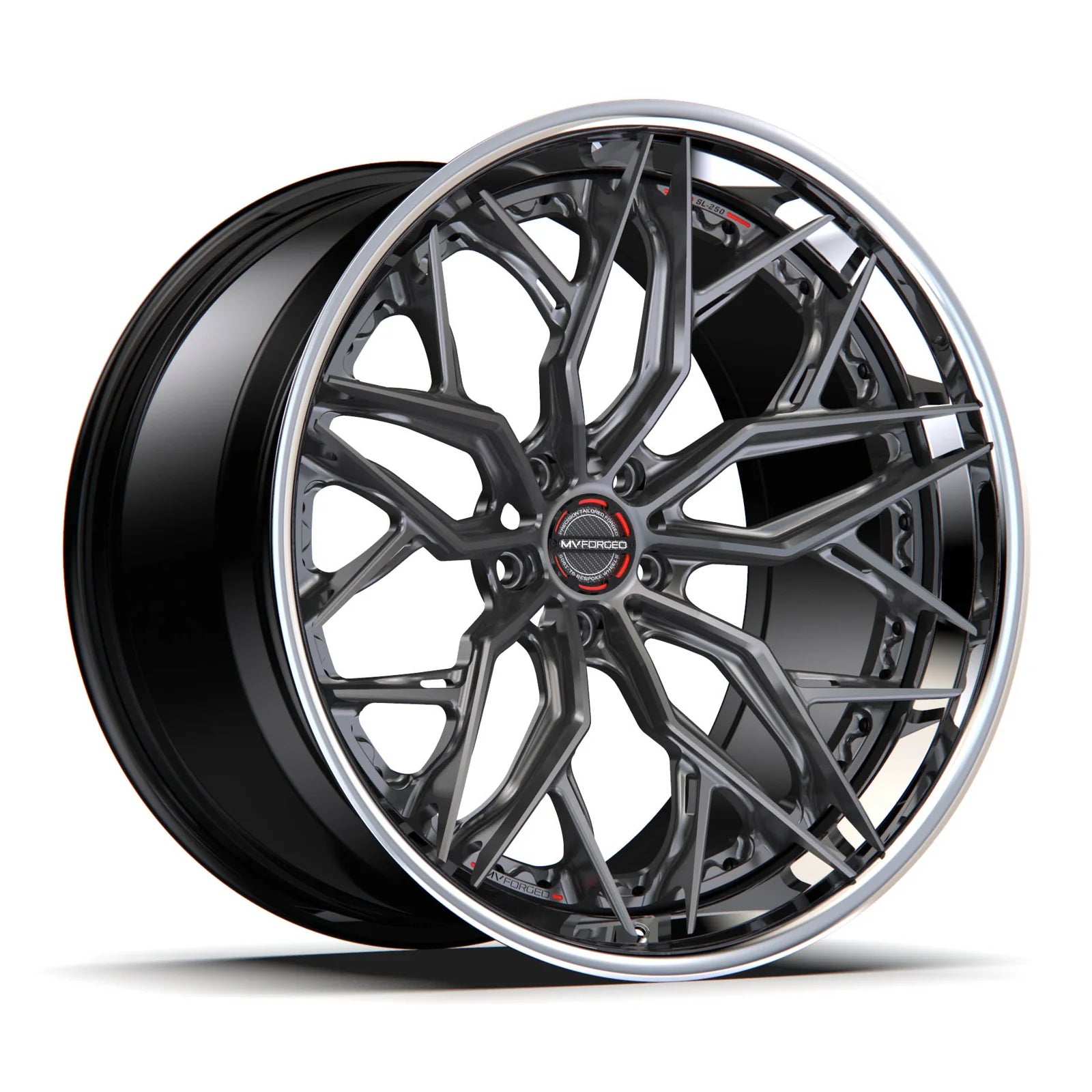 MV Forged SL-250 Spoke-Lite forged wheel, 3-piece configuration with a gunmetal face and polished lip, three-quarter view