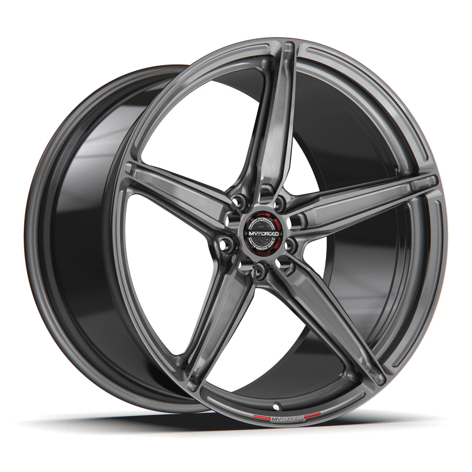 MV Forged SL-500 Spoke-Lite forged wheel, 1-piece monoblock configuration in gunmetal, three-quarter view