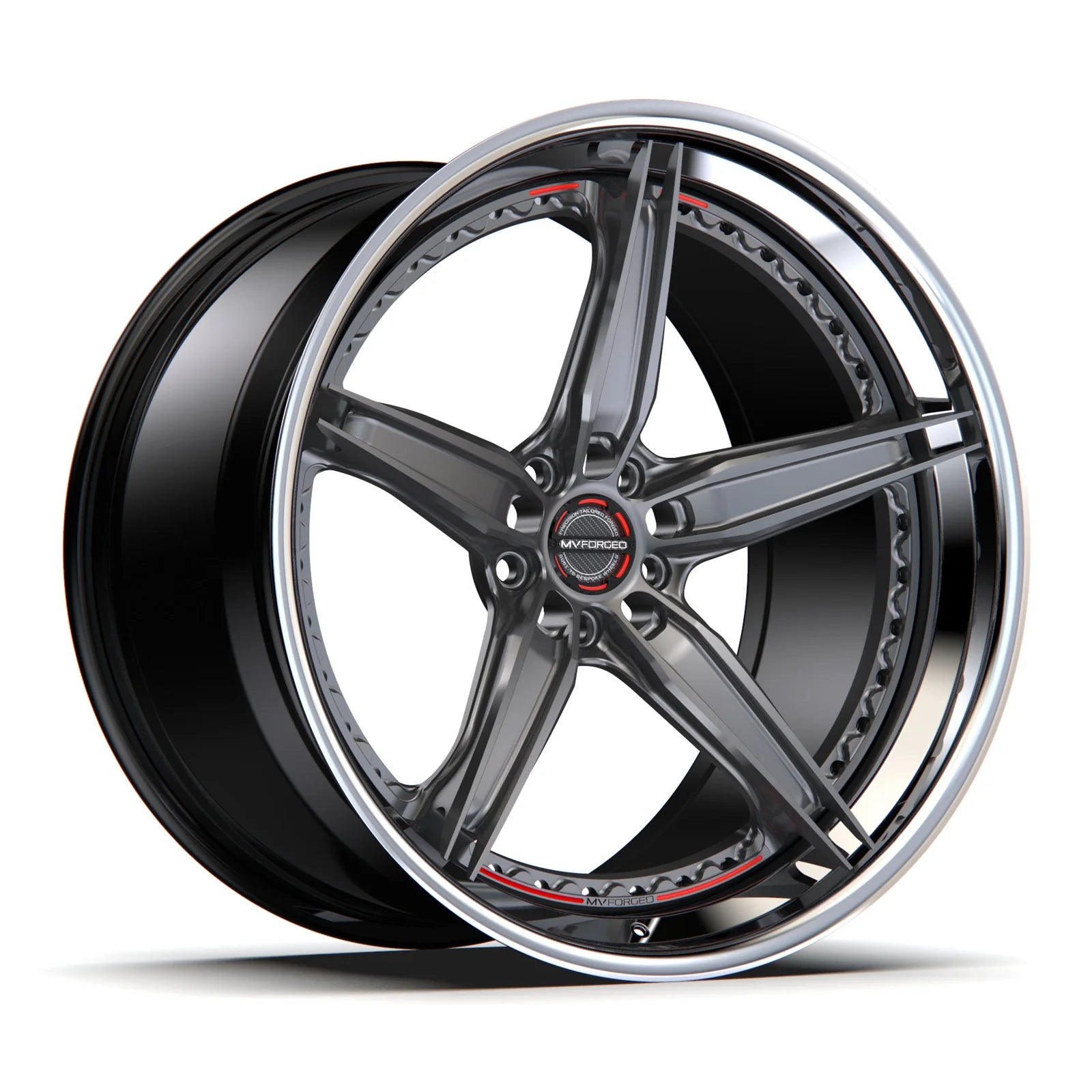 MV Forged SL-500 Spoke-Lite forged wheel, 3-piece configuration with a gunmetal face and polished lip, three-quarter view