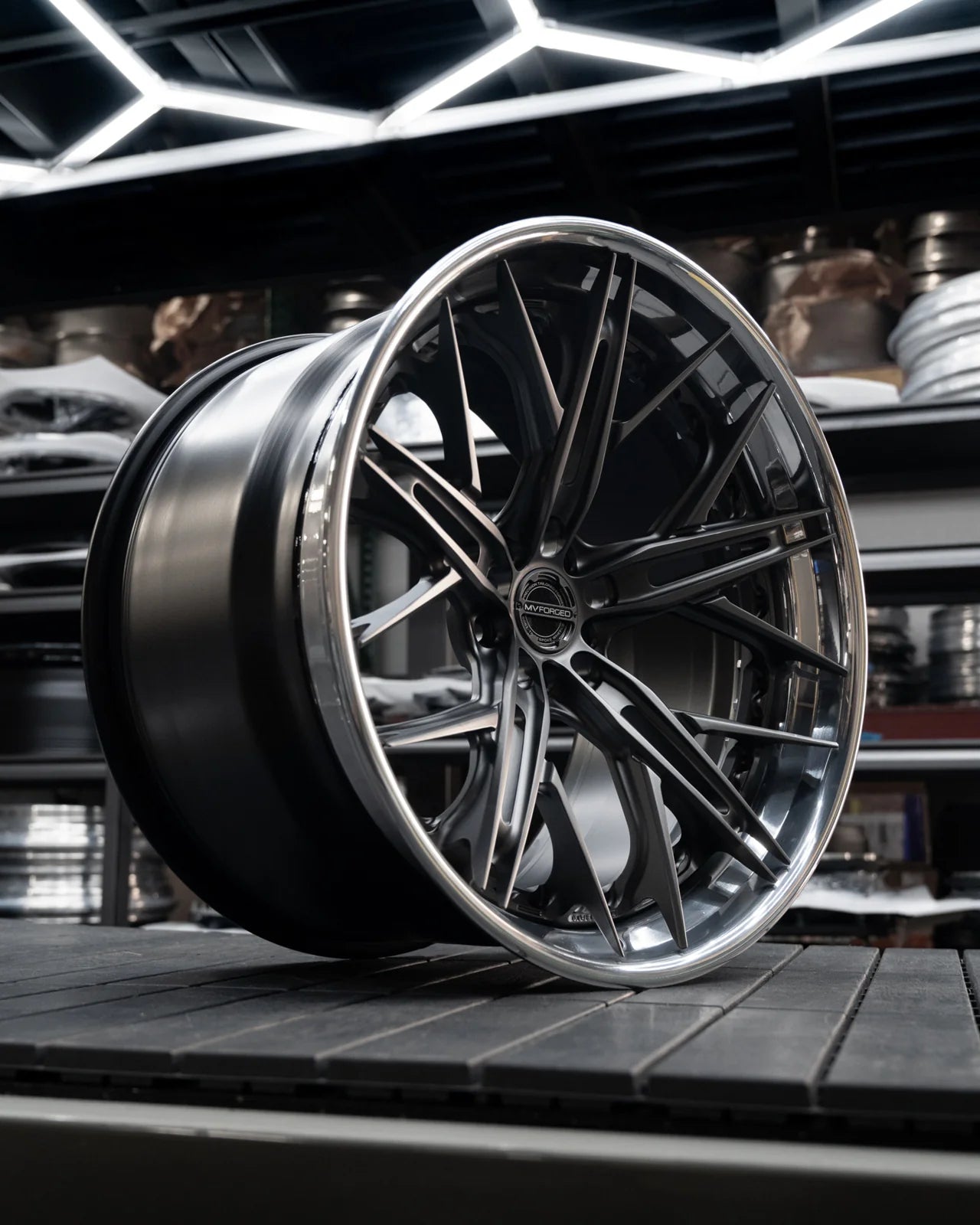MV Forged SL-501 Spoke-Lite forged wheel, 3-piece on a display rack