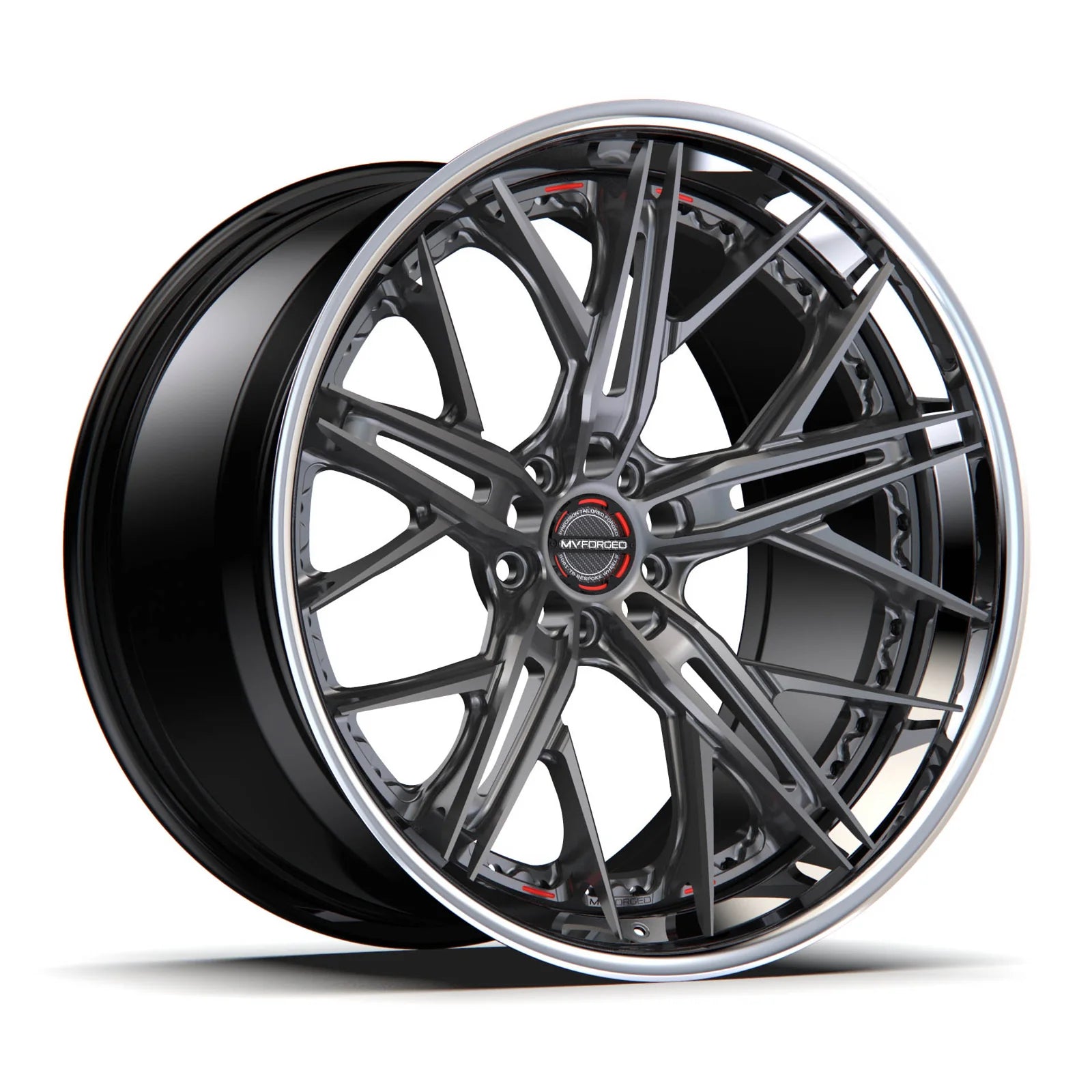 MV Forged SL-501 Spoke-Lite forged wheel, 3-piece configuration with a gunmetal face and polished lip, three-quarter view