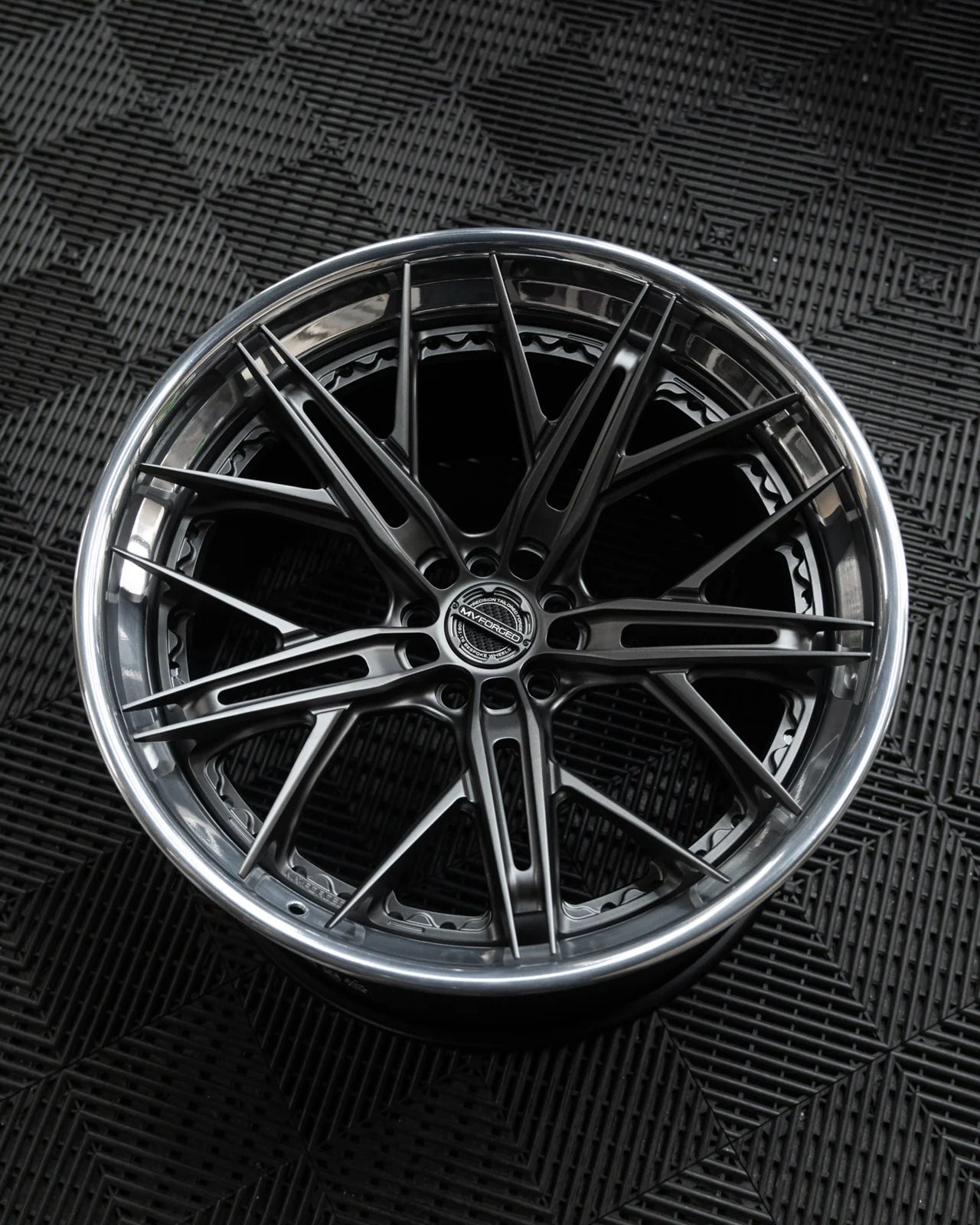 MV Forged SL-501 Spoke-Lite forged wheel, in gunmetal with a polished lip, top view