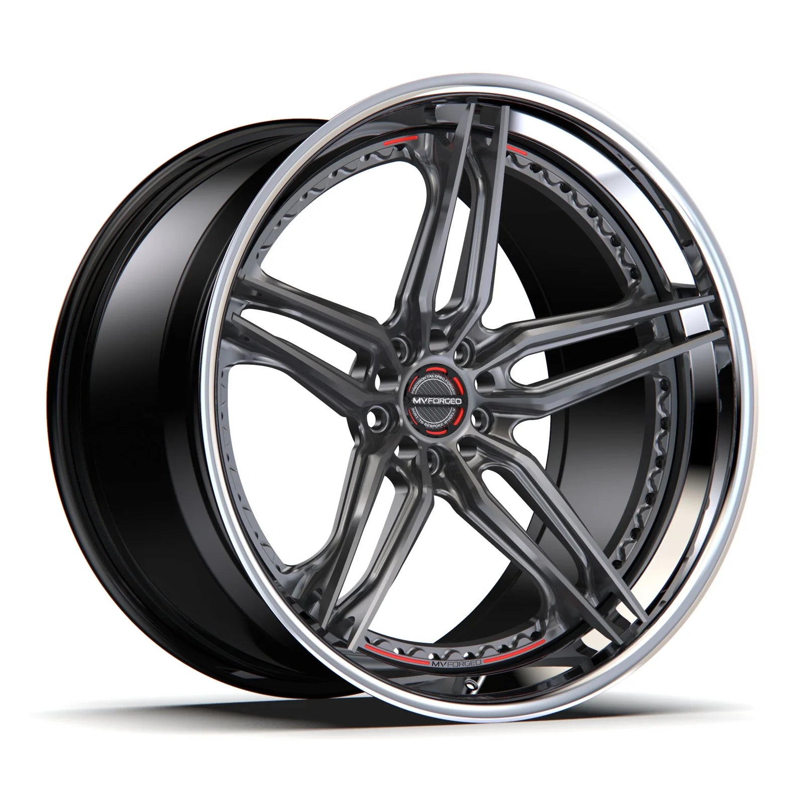 MV Forged SL-505 Spoke-Lite forged wheel, 3-piece configuration with a gunmetal face and polished lip, three-quarter view