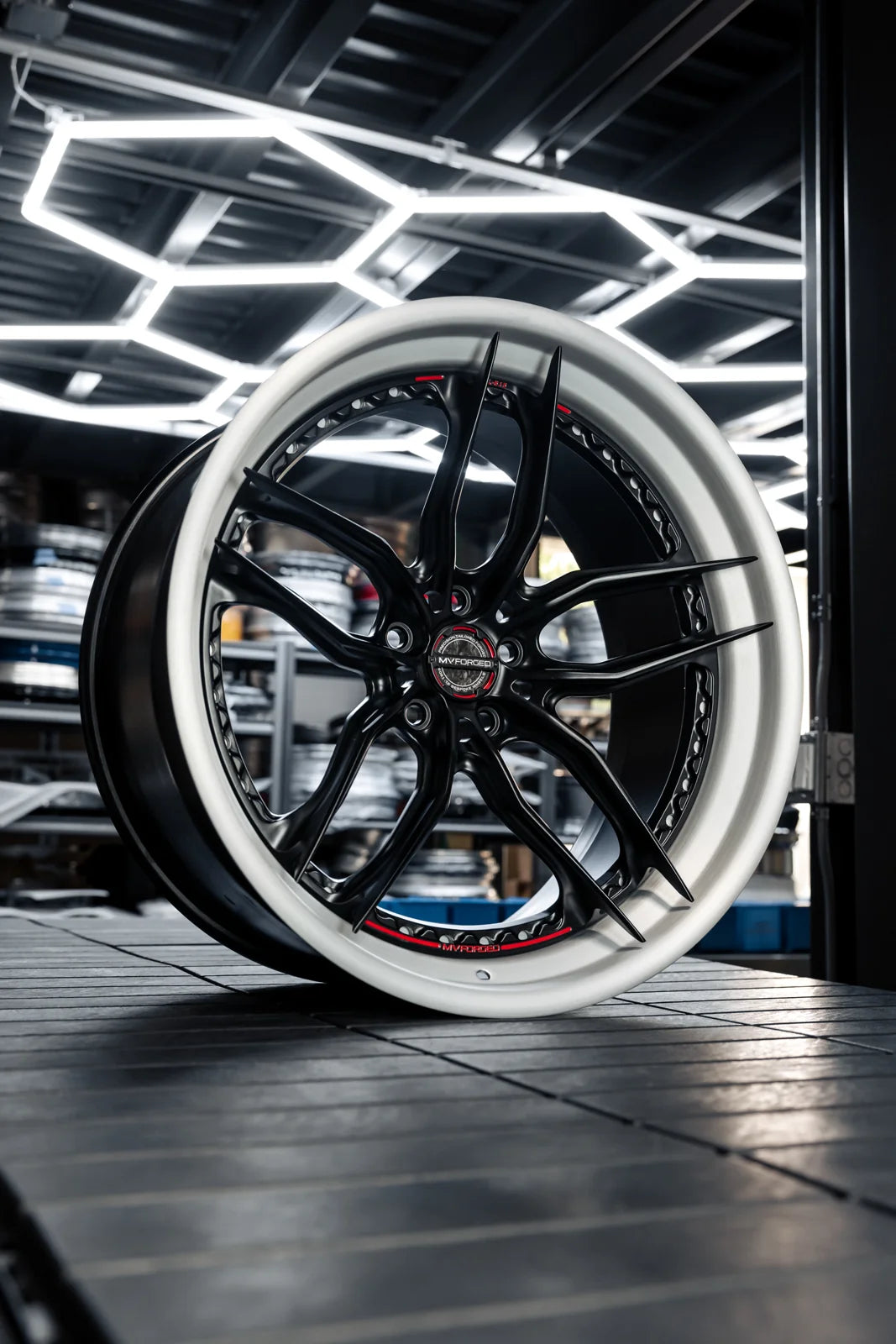 MV Forged SL-515 Spoke-Lite forged wheel, 3-piece in black with a polished lip on display