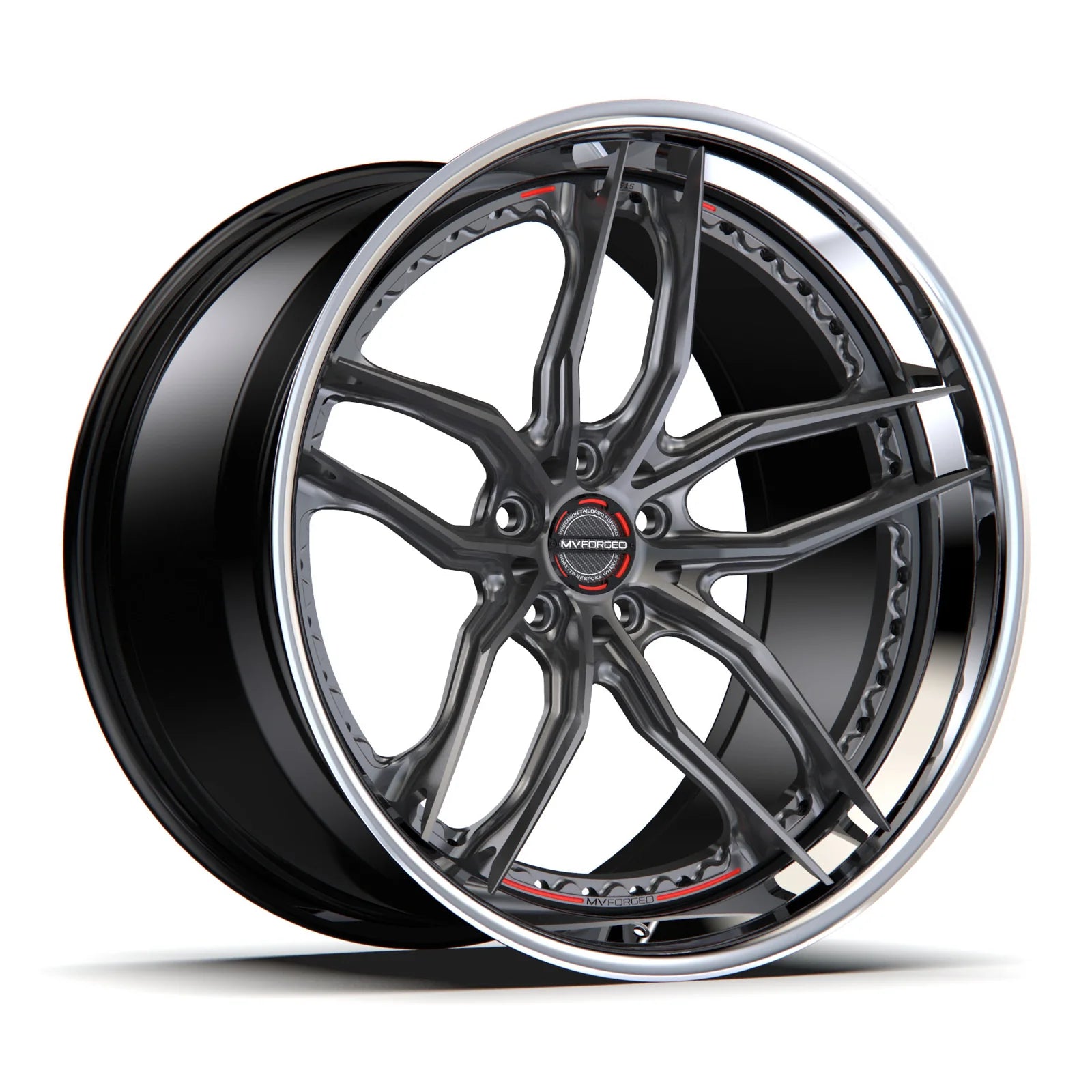 MV Forged SL-515 Spoke-Lite forged wheel, 3-piece configuration with a gunmetal face and polished lip, three-quarter view