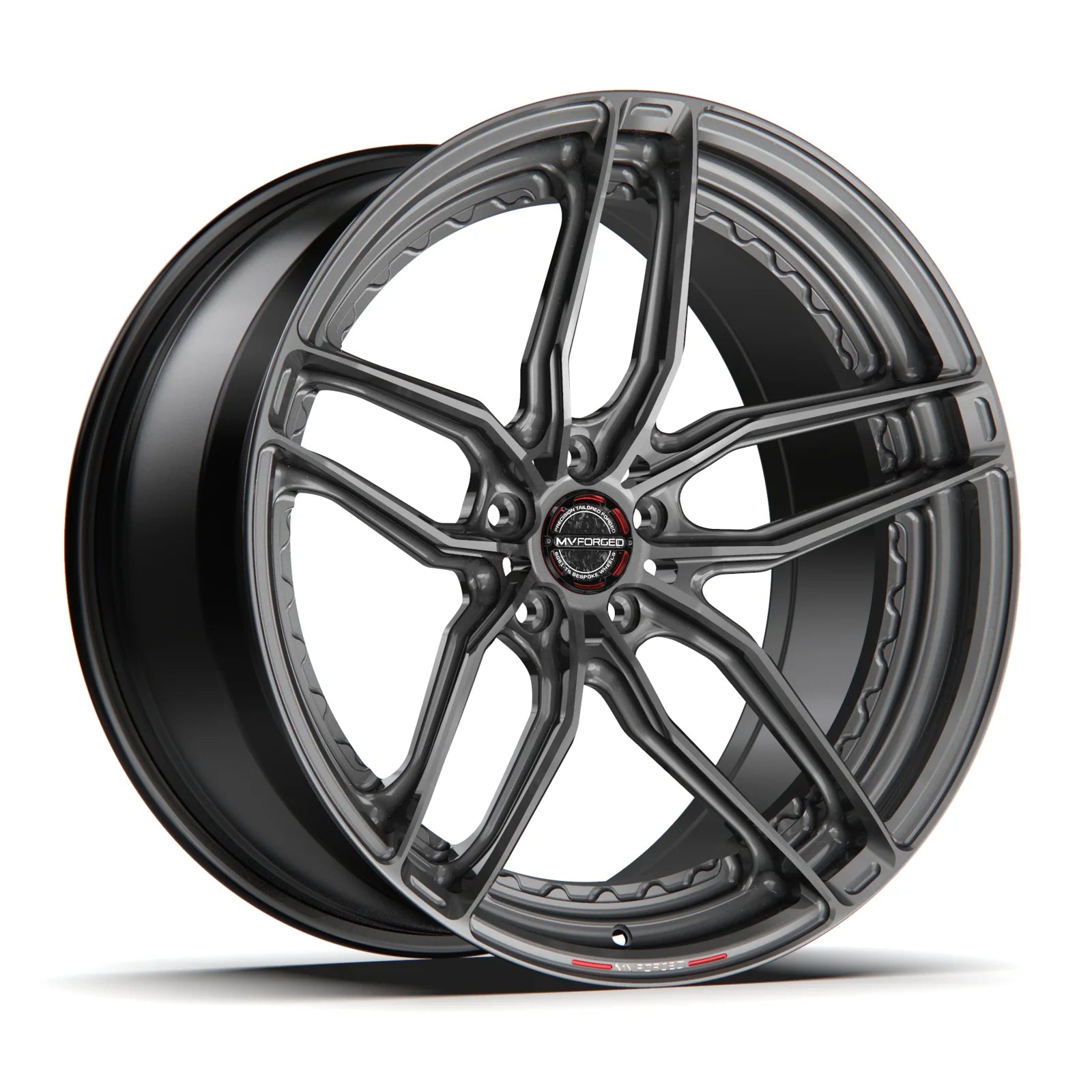 MV Forged SL-515 Spoke-Lite forged wheel, 2-piece Duo configuration in gunmetal, three-quarter view
