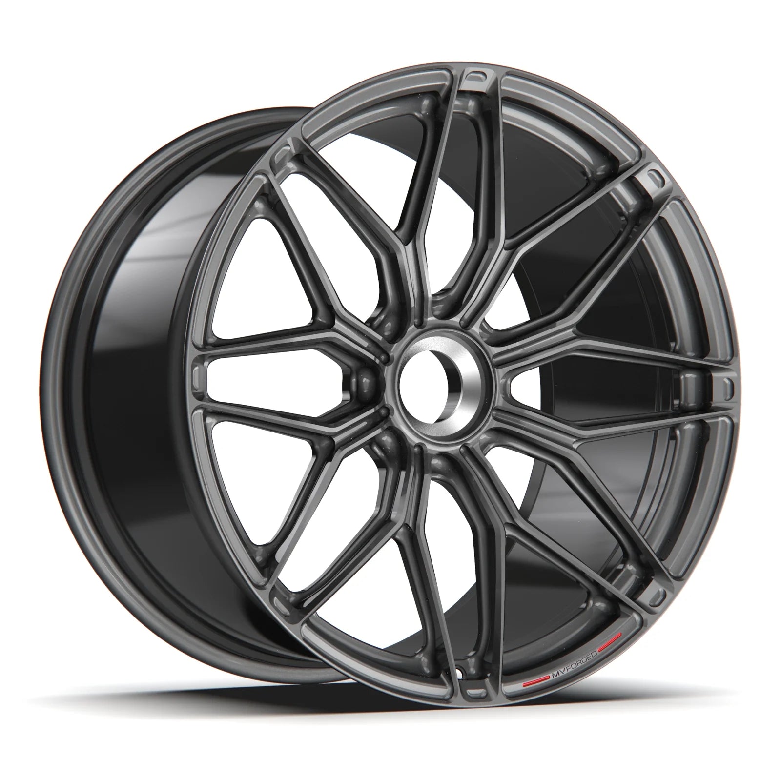 MV Forged SL-801CL Spoke-Lite forged wheel, 1-piece monoblock configuration in gunmetal, three-quarter view