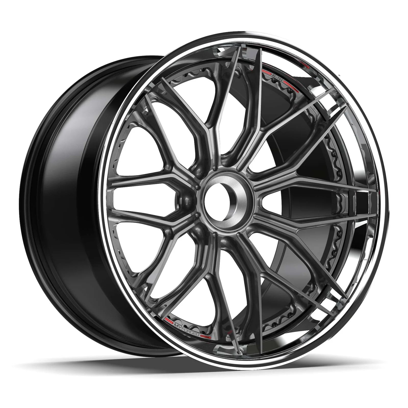 MV Forged SL-801CL Spoke-Lite forged wheel, 3-piece configuration with a gunmetal face and polished lip, three-quarter view