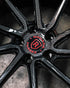 Rohana RFG1 forged wheel carbon fiber spoke and red Rohana center cap detail