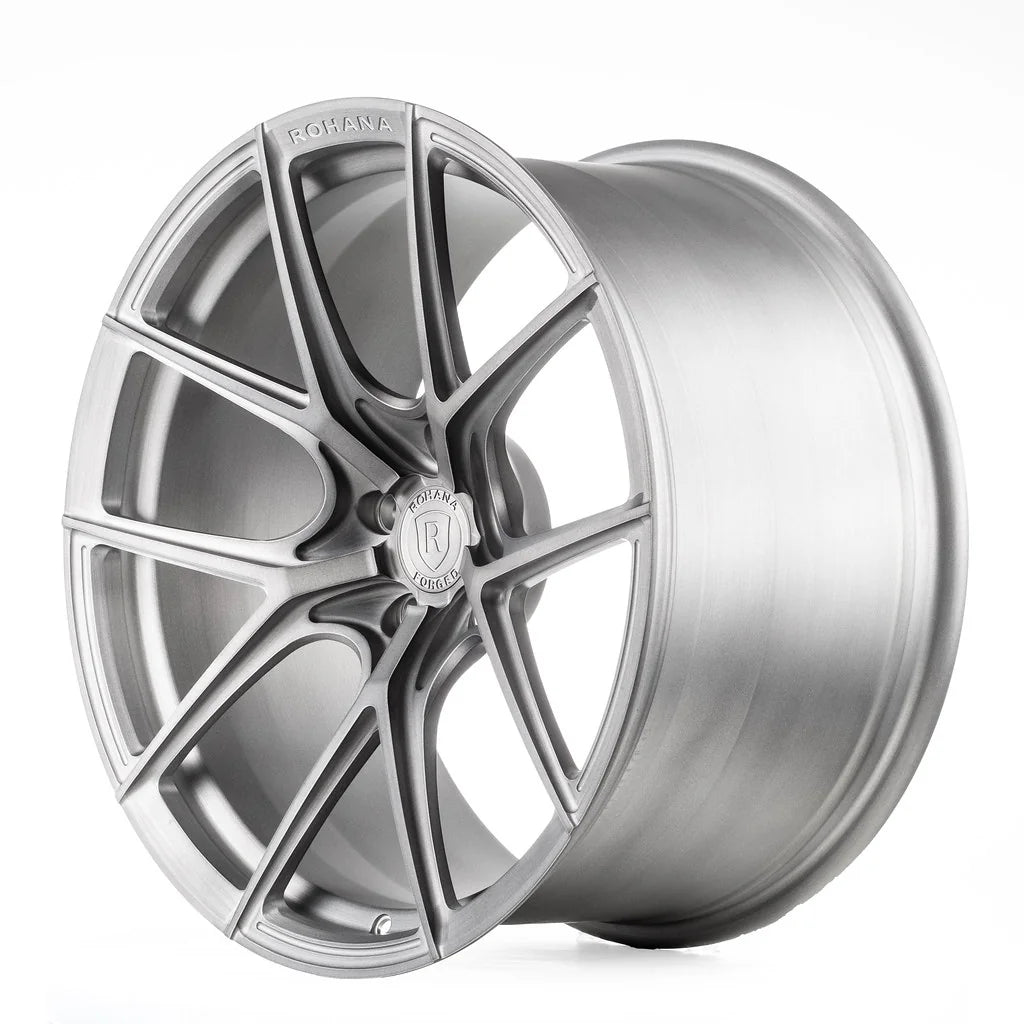 Rohana RFG15 forged wheel in brushed aluminum, side profile showing barrel depth