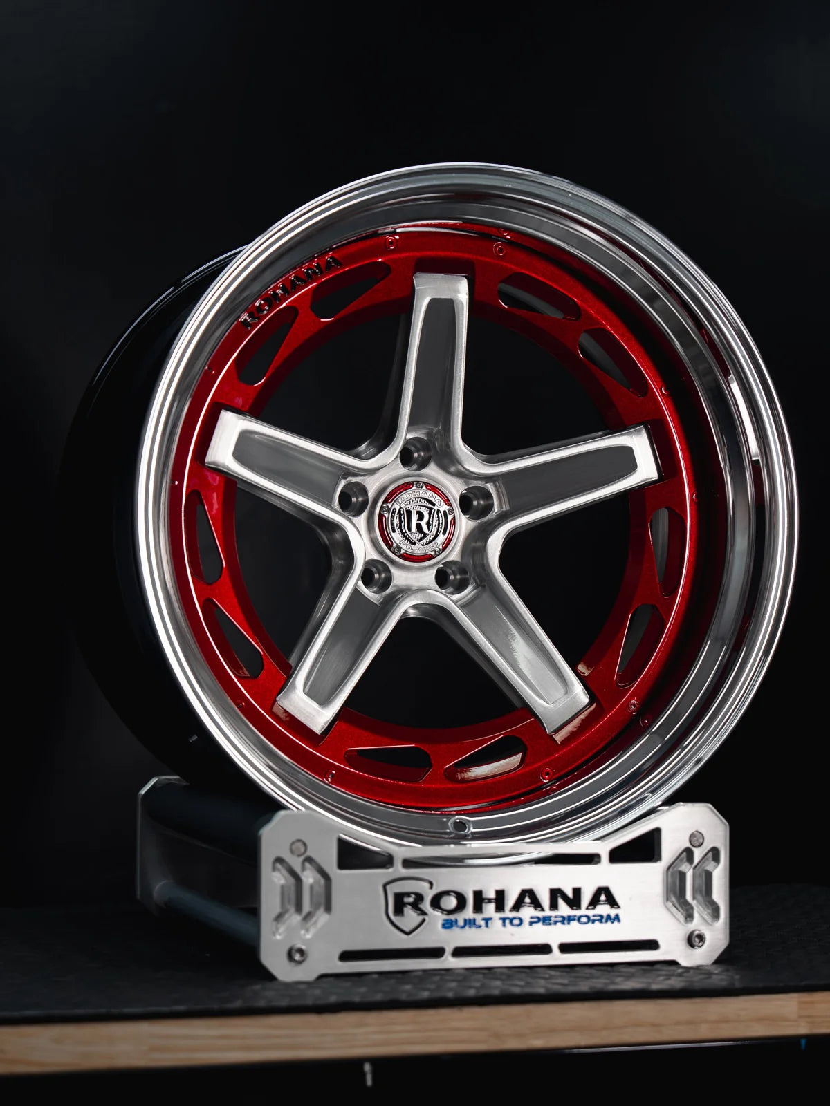 Rohana RFG45 forged wheel in red with polished spokes and an aero disc