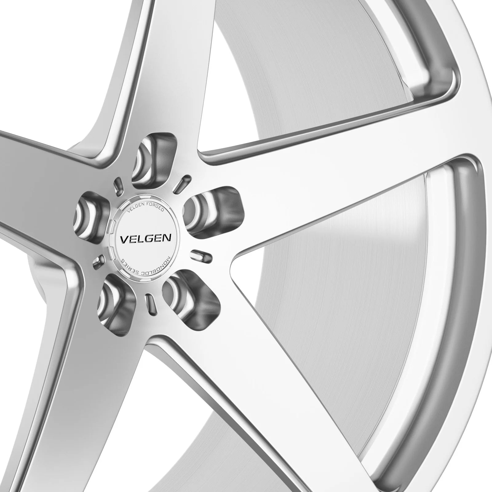 Velgen VFHX-02 forged monoblock wheel in brushed aluminum, center cap and spoke detail