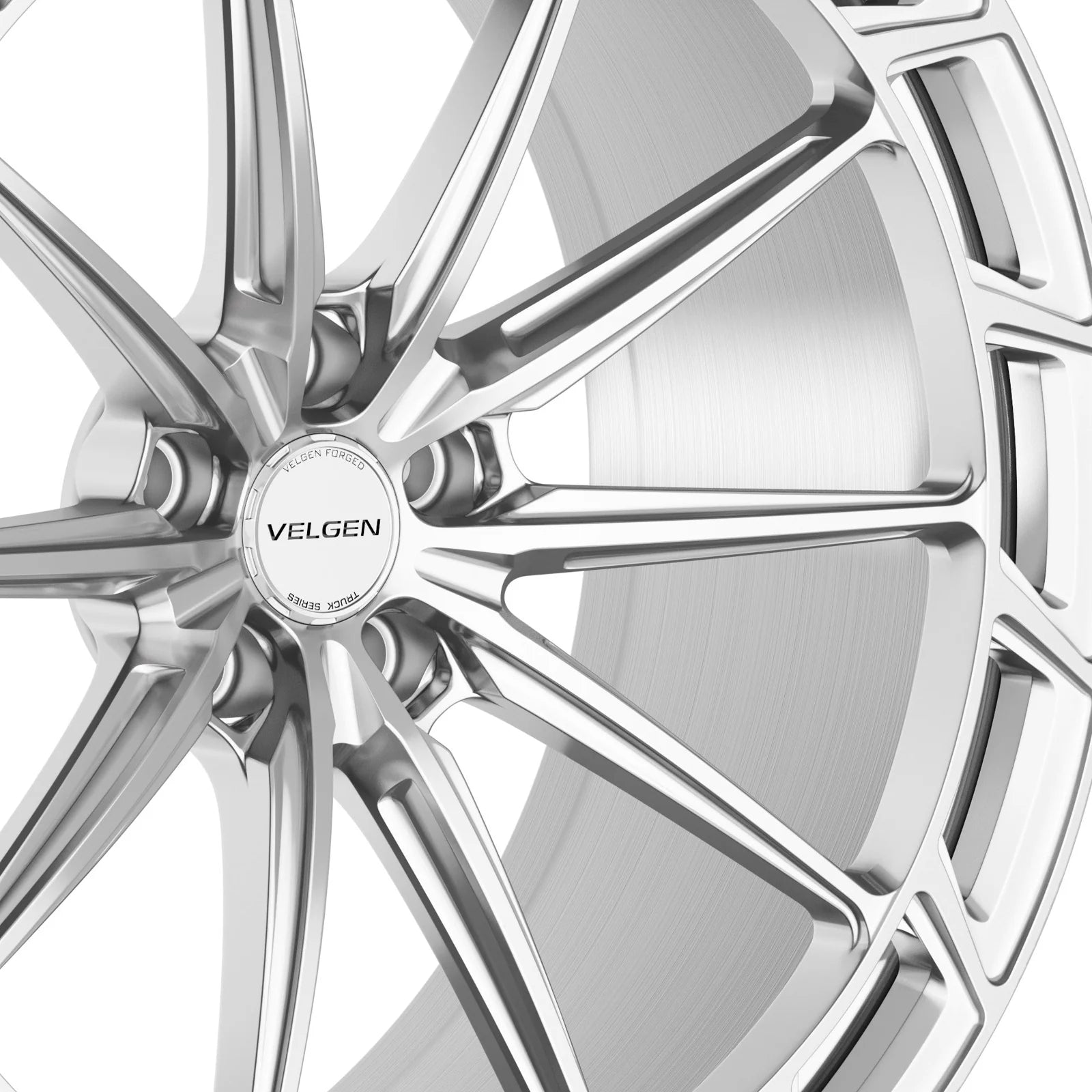 Velgen VFHX-03AD forged monoblock wheel in brushed aluminum, center cap and spoke detail, second bolt pattern